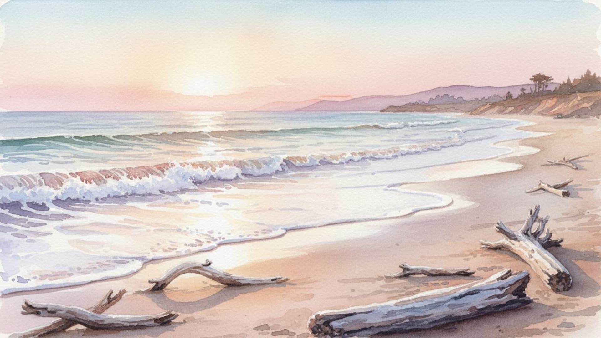 Aquarelle : vagues de l’océan, littoral, bois flotté, coucher de soleil, couleurs pastel, décor apaisant, ambiance sereine.