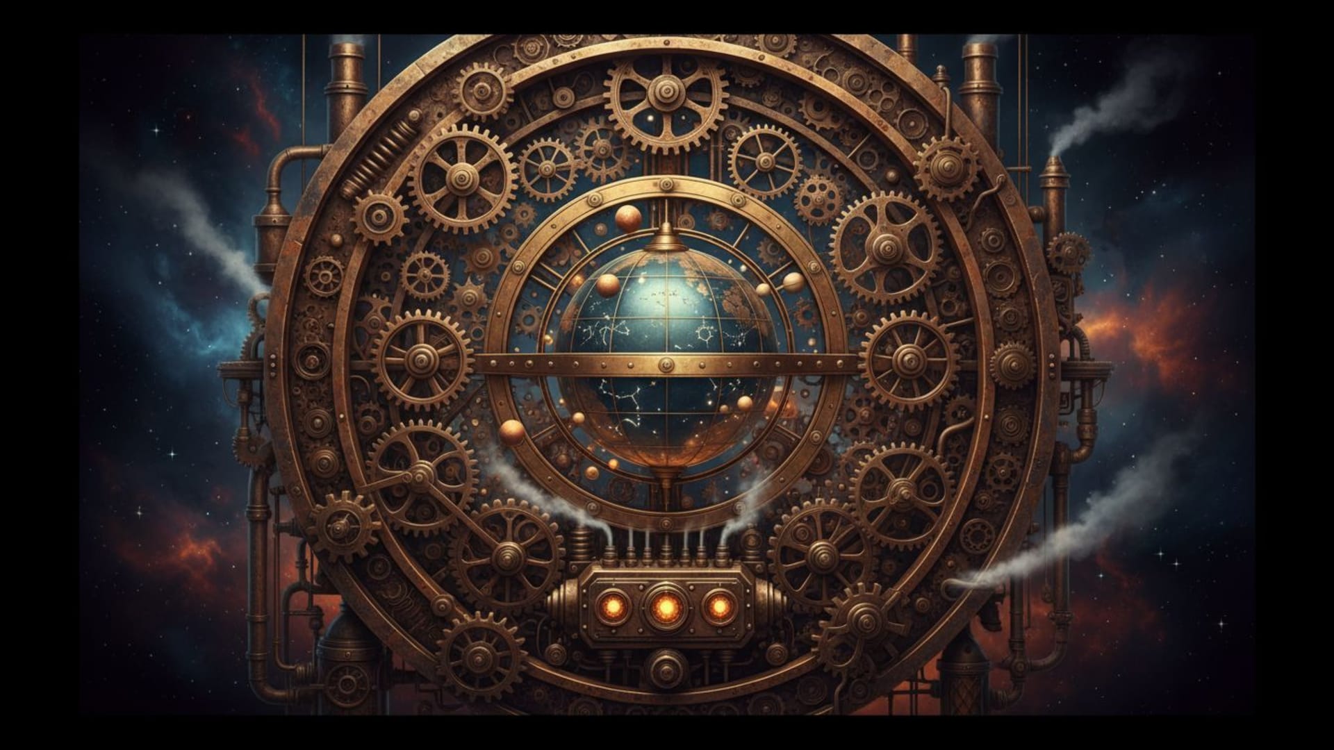 rouages d'horlogerie célestes, style steampunk, texture métallique, moteur artistique, engrenages ornés, rouille brunâtre, vintage industriel