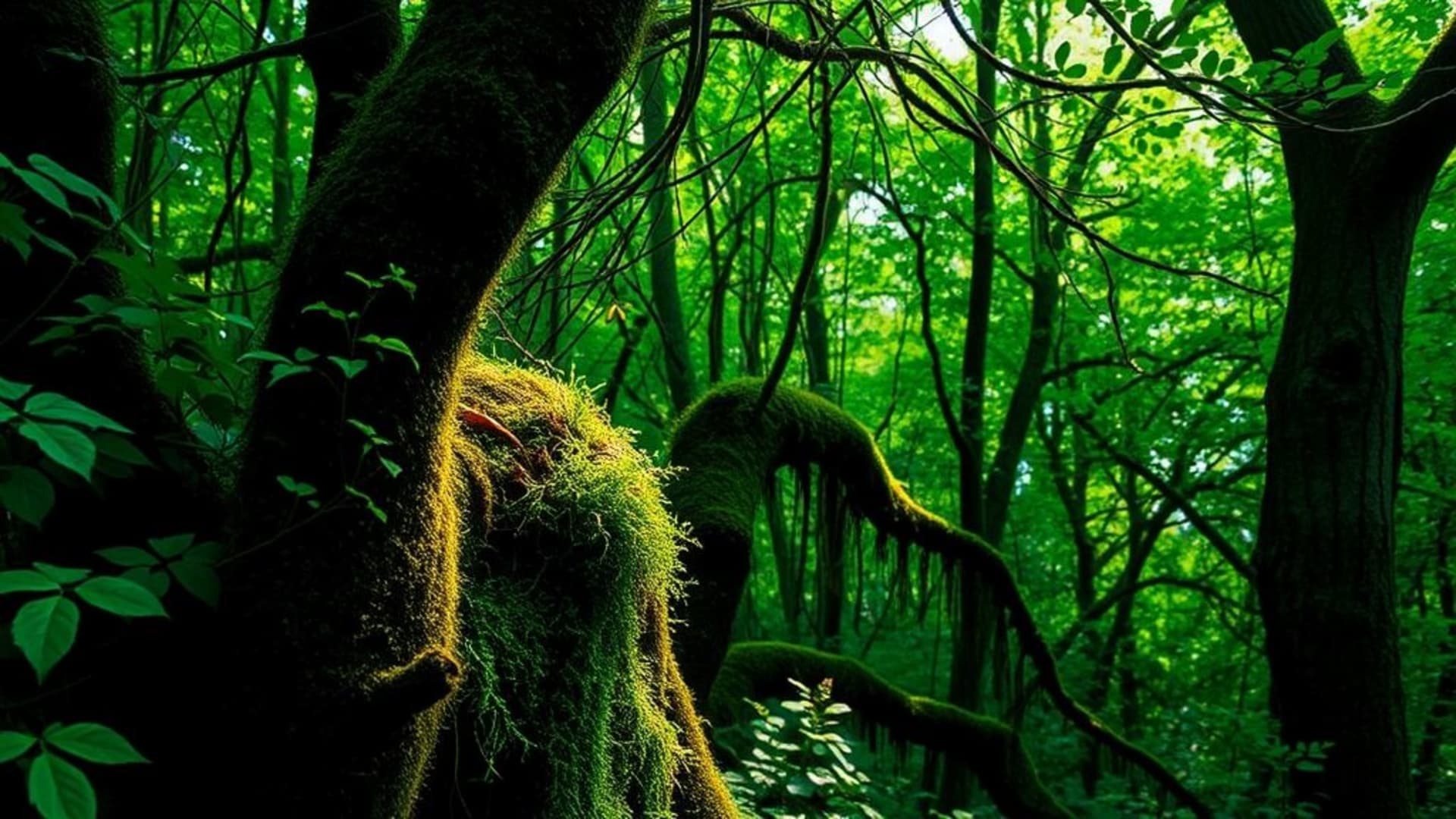 nature, forêt, mousse, vignes, botanique, feuilles, vert, émeraude, tranquille, zen, jour, soleil, flou artistique, aquarelle, paysage, fond ecran, extérieur, organique, texture
