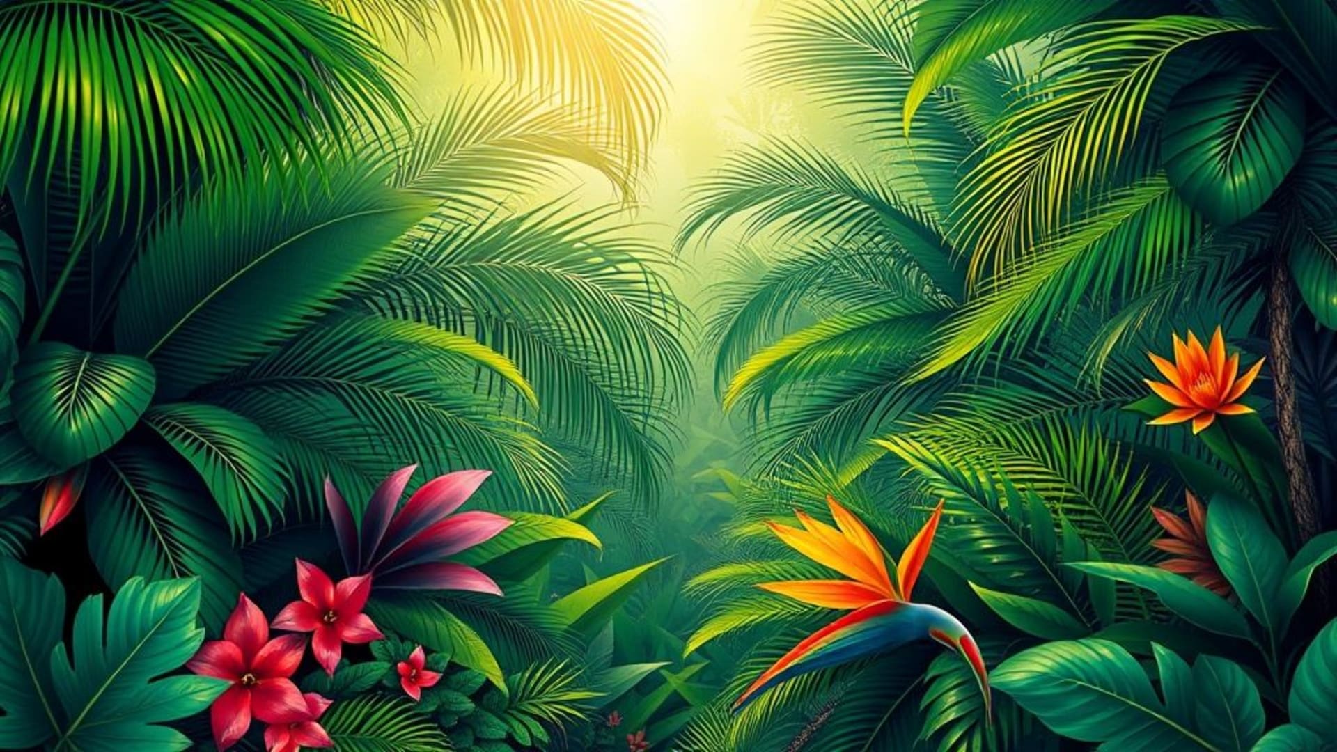 tropicale, palmier, jungle, forêt tropicale, luxuriante, vibrante, émeraude, soleil, feuille, flore, exotique, motif, fond ecran, flux de jungle, texture, botanique, coloré