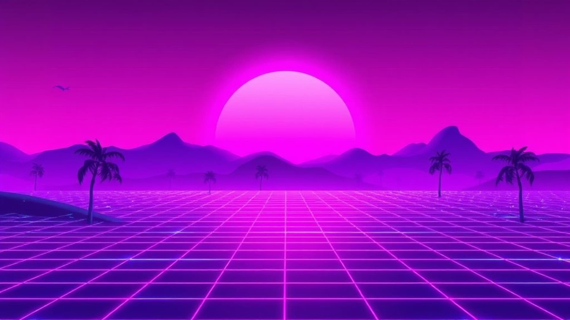 rétro, années quatre-vingt, vaporwave, néon, synthwave, grille, coucher de soleil, violet, cyan, rose, rétrofuturisme, arcade, vapeur, glitch, hologramme, numérique, fond d'écran, nostalgie, audacieux