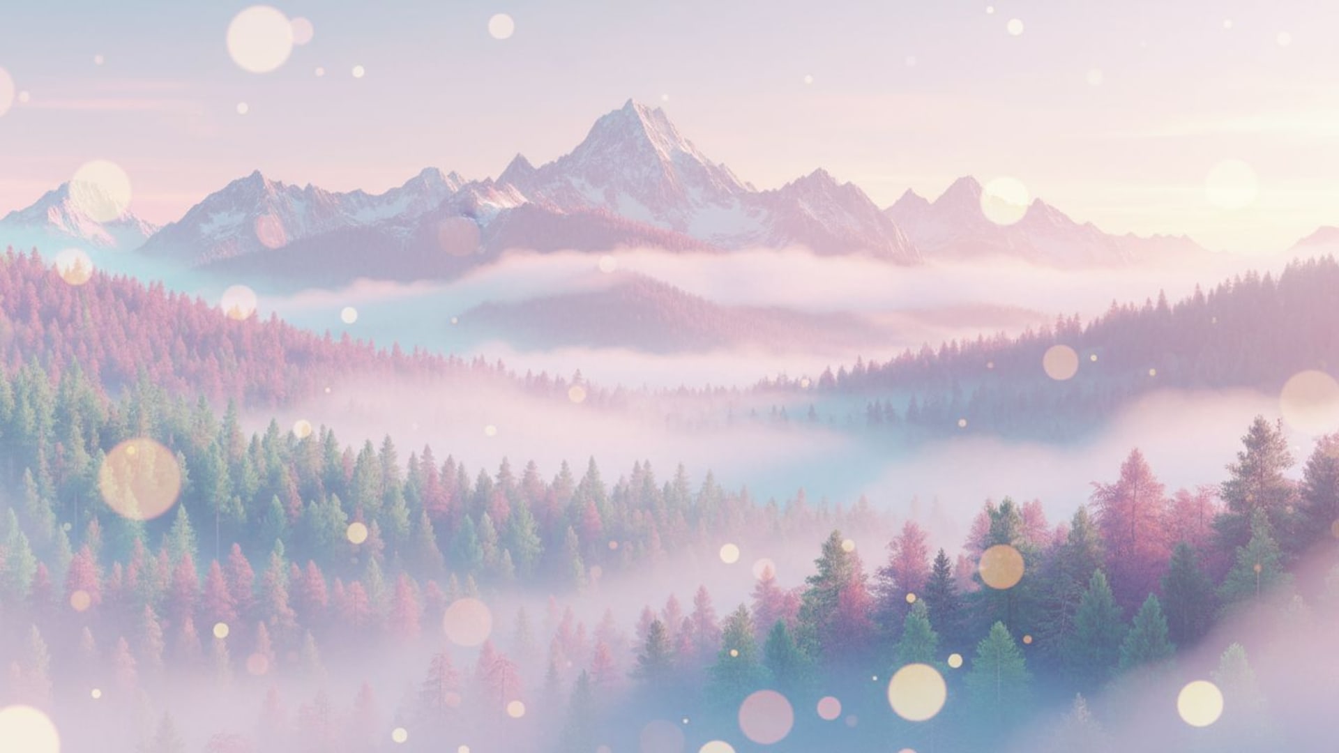 paysage esthétique nature montagnes lever de soleil forêt pastel onirique textures brouillard effet bokeh écran large 4K UHD fond d'écran