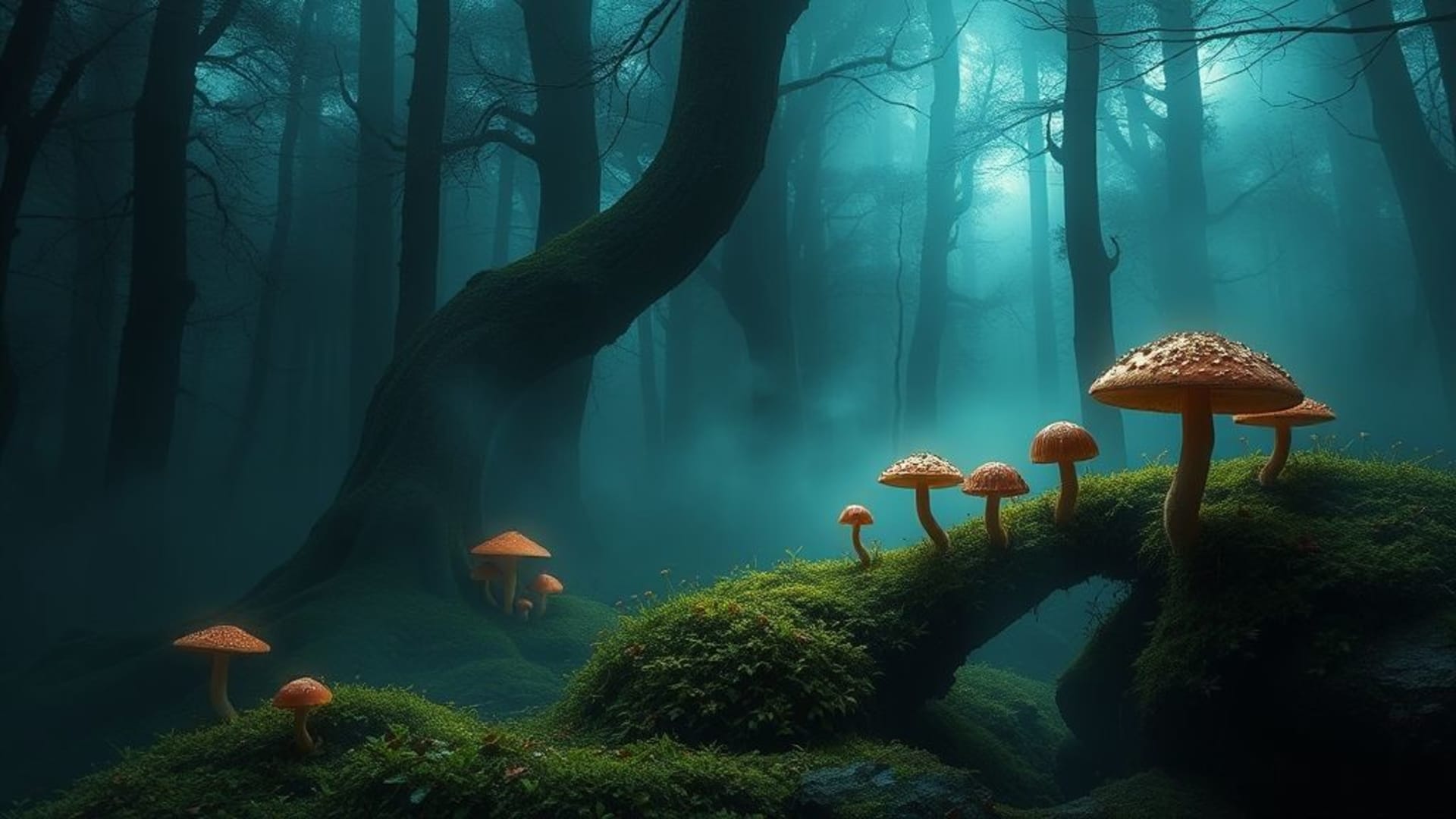 fantaisie forêt magique brume champignons conte enchanté murmure bois mousse fungi boisage crépuscule lueur nuit fond d'écran immersif texture