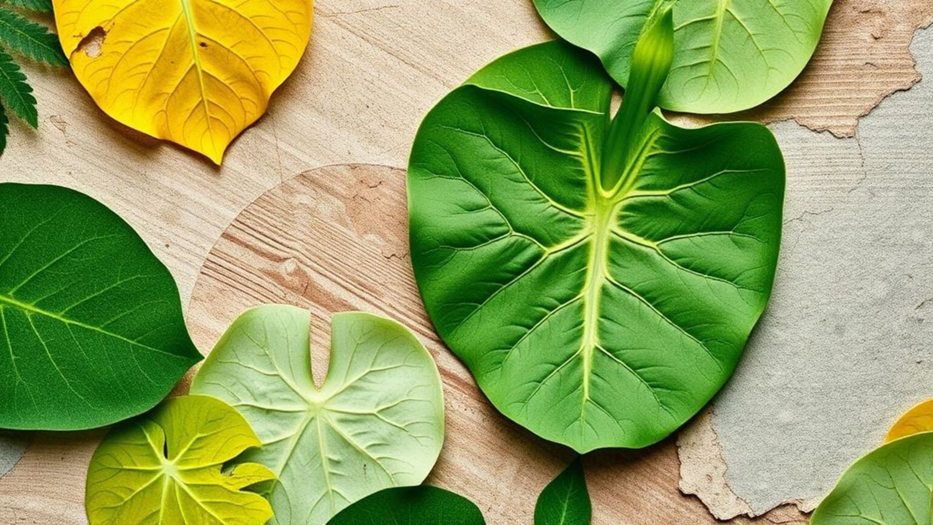 biophilique, plante, feuille, fougère, monstera, veines, botanique, fond ecran, inspiré de la nature, vert, jaune, menthe, pierre, terrestre, texture, fond ecran
