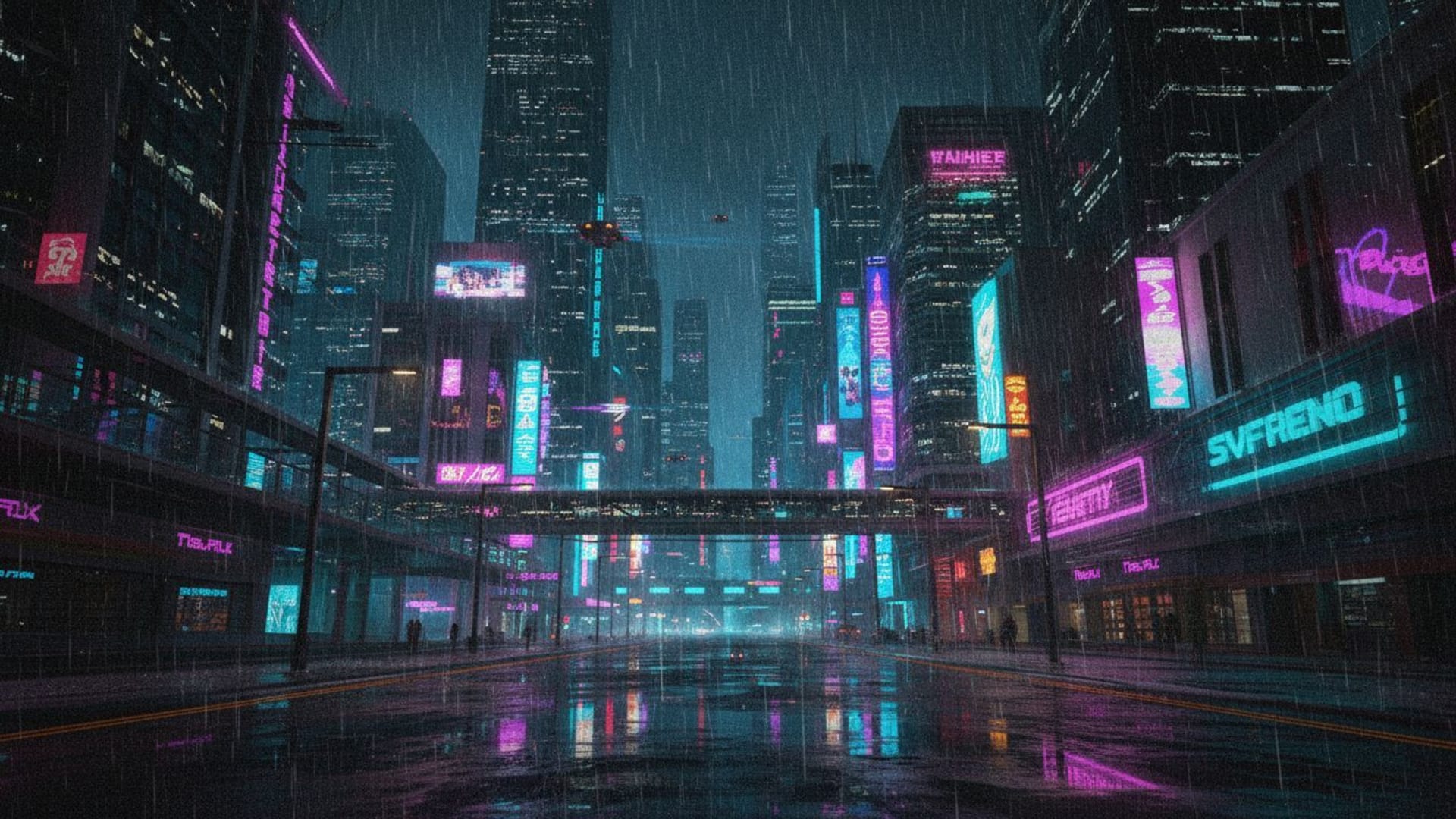 Ville cyberpunk nocturne sous la pluie, reflets néon, horizon futuriste, synthwave sombre et à fort contraste, grain et grainé.