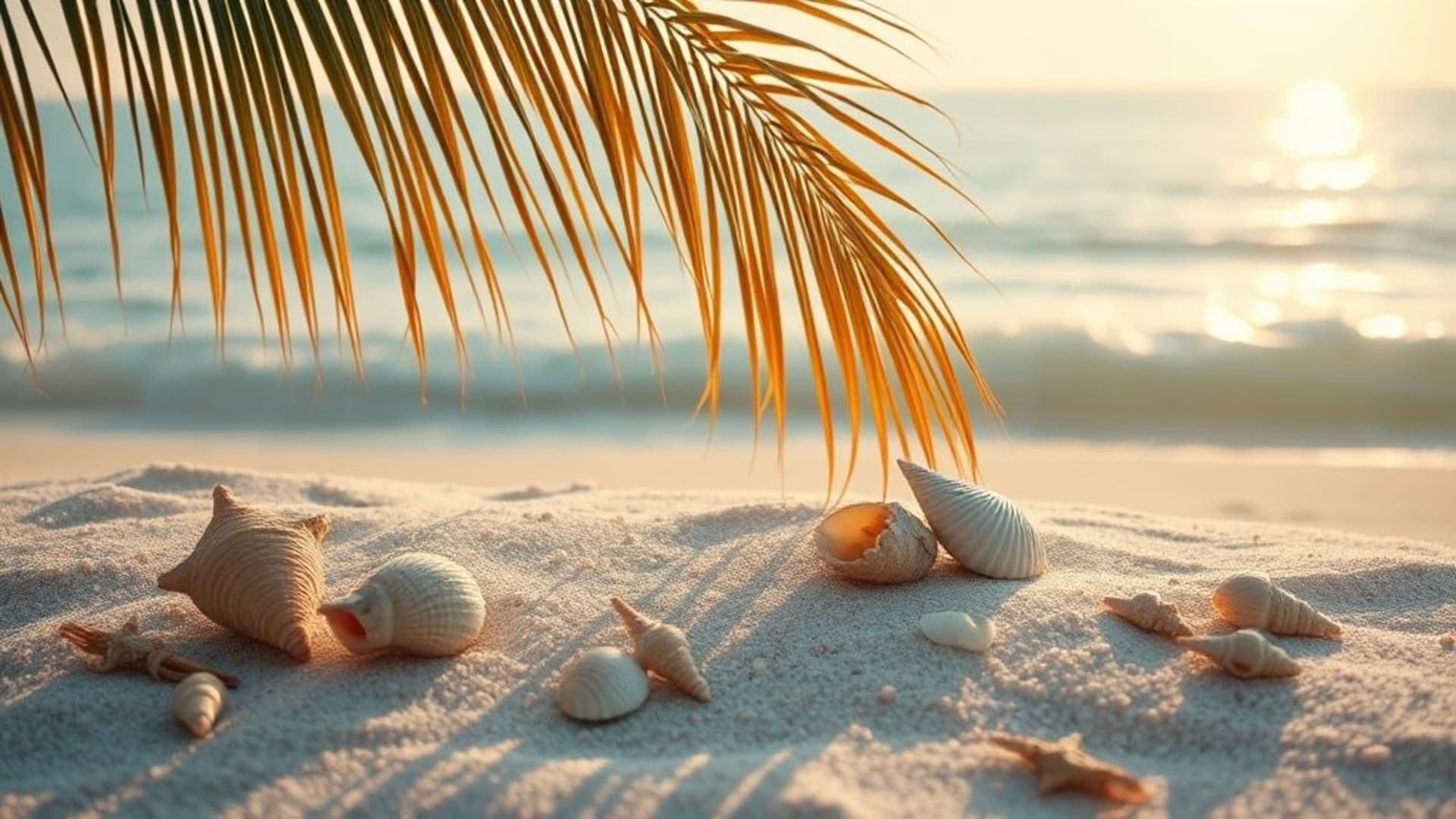 mousse de mer, côtier, coquillages, sable, palmier, ombres, coucher de soleil, éclat, marin, tropical, hygge, lumière, texture, fond ecran, brise