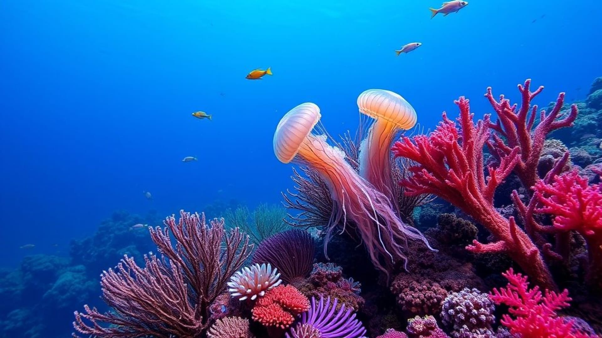 Sous-marin, corail, récif, profondeur, marin, bleu, turquoise, méduse, poisson, vagues, dégradé, fond ecran
