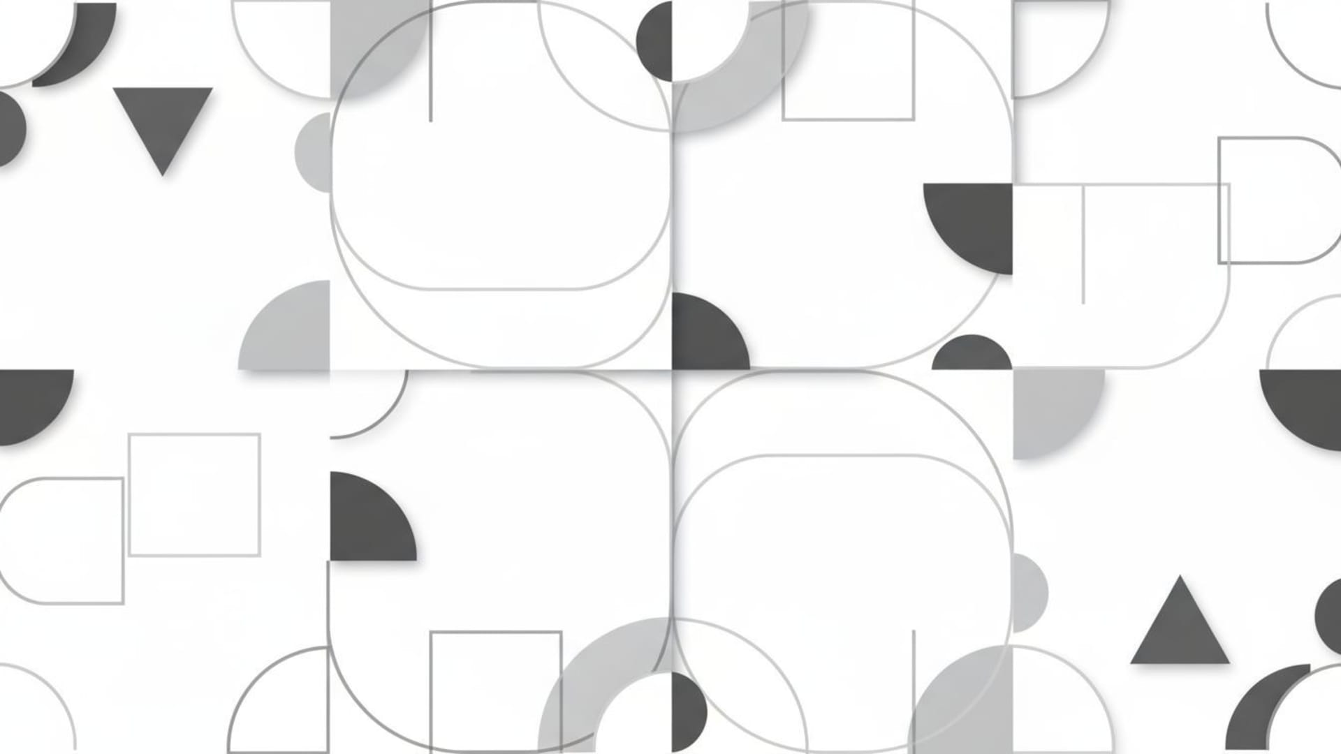 Formes abstraites monochromes minimalistes, lignes nettes, ombres douces, espace négatif et fond ecran moderne.