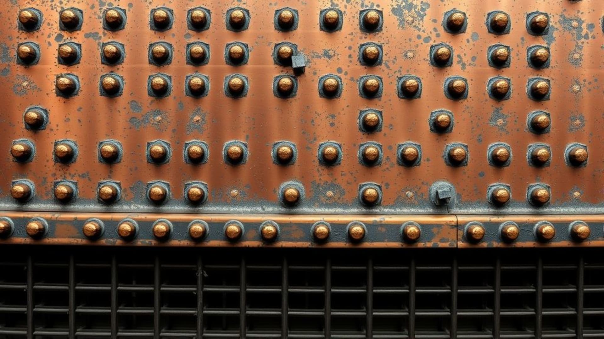 industriel, cuivre, acier, rivets, riveté, métallique, grille, tuyaux, usine, fond ecran, machine, grain, texture