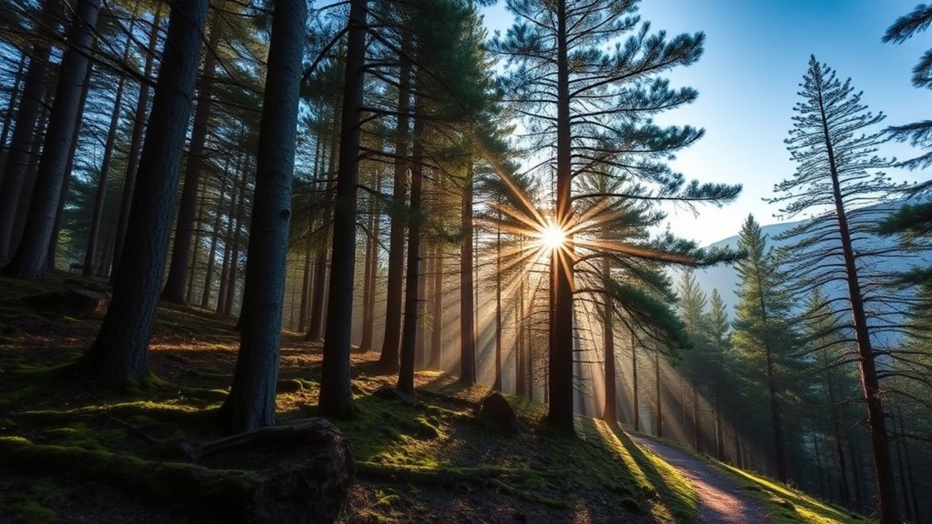 Forêt, pins, soleil, brume, gouttes de rosée, mousse, sentier, calme, zen, tranquille, écorce, conifères, montagnes, lever de soleil, ciel bleu