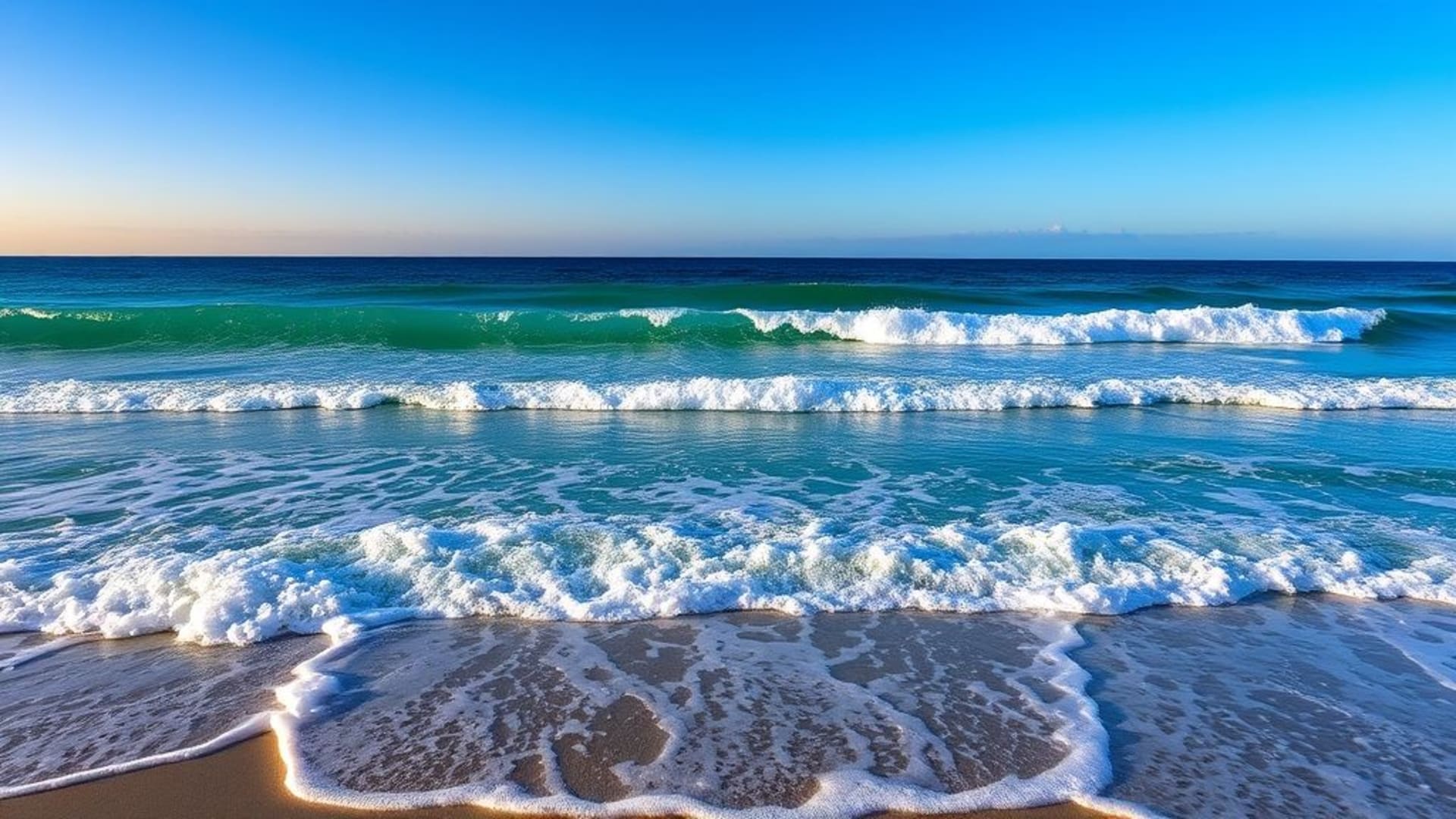 Océan, vagues, dégradé de bleu, turquoise, horizon, coucher de soleil, littoral, plage, écume, embruns, silhouette de palmier, tropical, serein, lagune, air salin