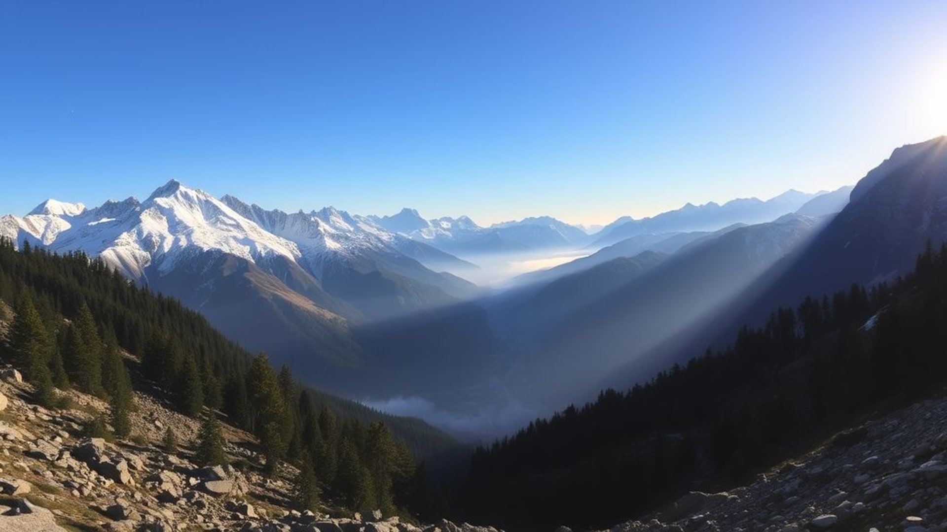 Paysage de montagne, alpin, sommets enneigés, ciel bleu, forêt de pins, crêtes escarpées, lumière du lever du soleil, brume, vallée, solitude, sentier, randonnée, textures de rochers