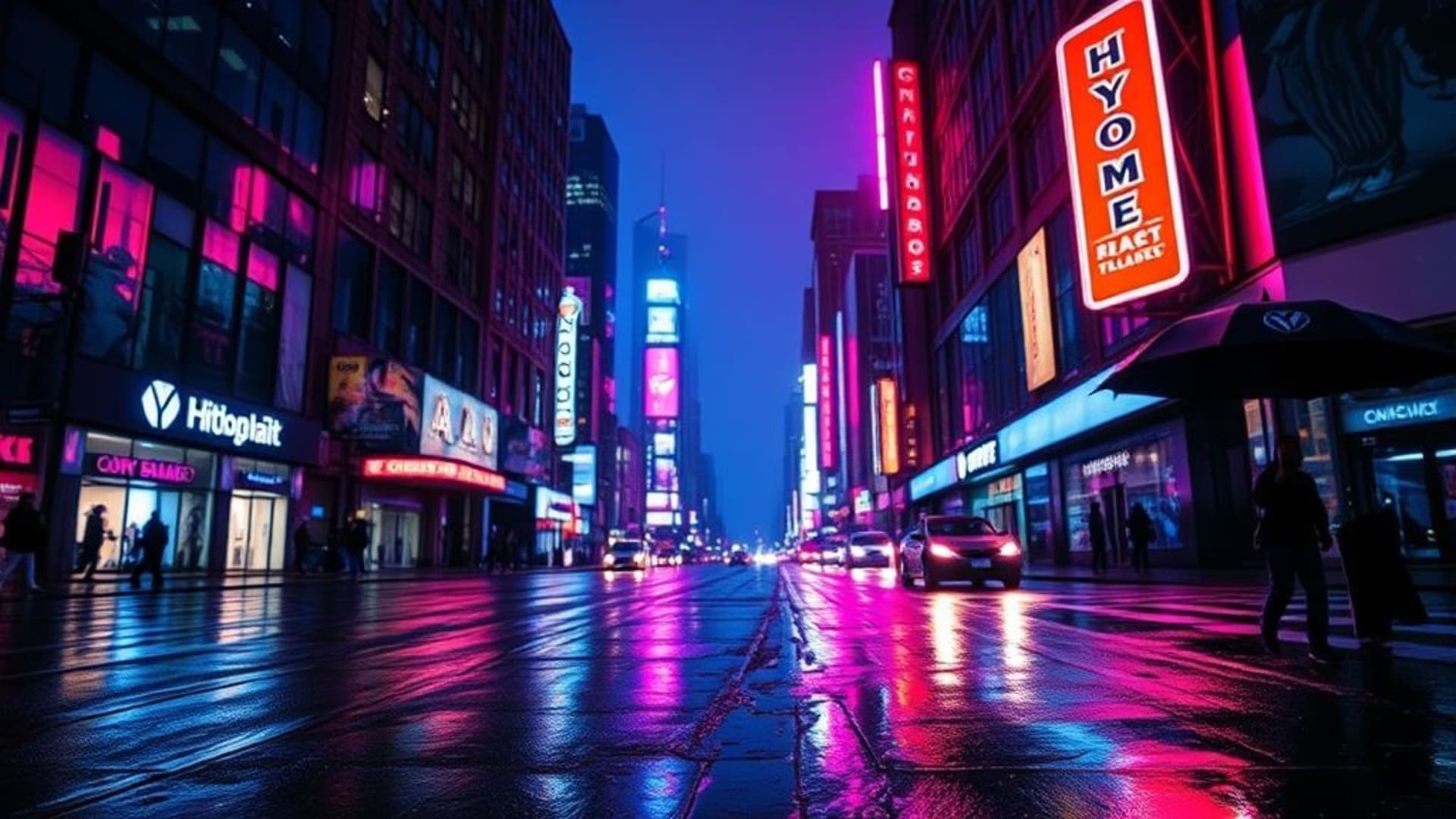 nuit néon dans une ville futuriste cyberpunk, rues trempées de pluie, reflets, gratte-ciel, enseignes néon, ambiance mélancolique, bleu et violet, lumières bokeh, parapluie, asphalte mouillé