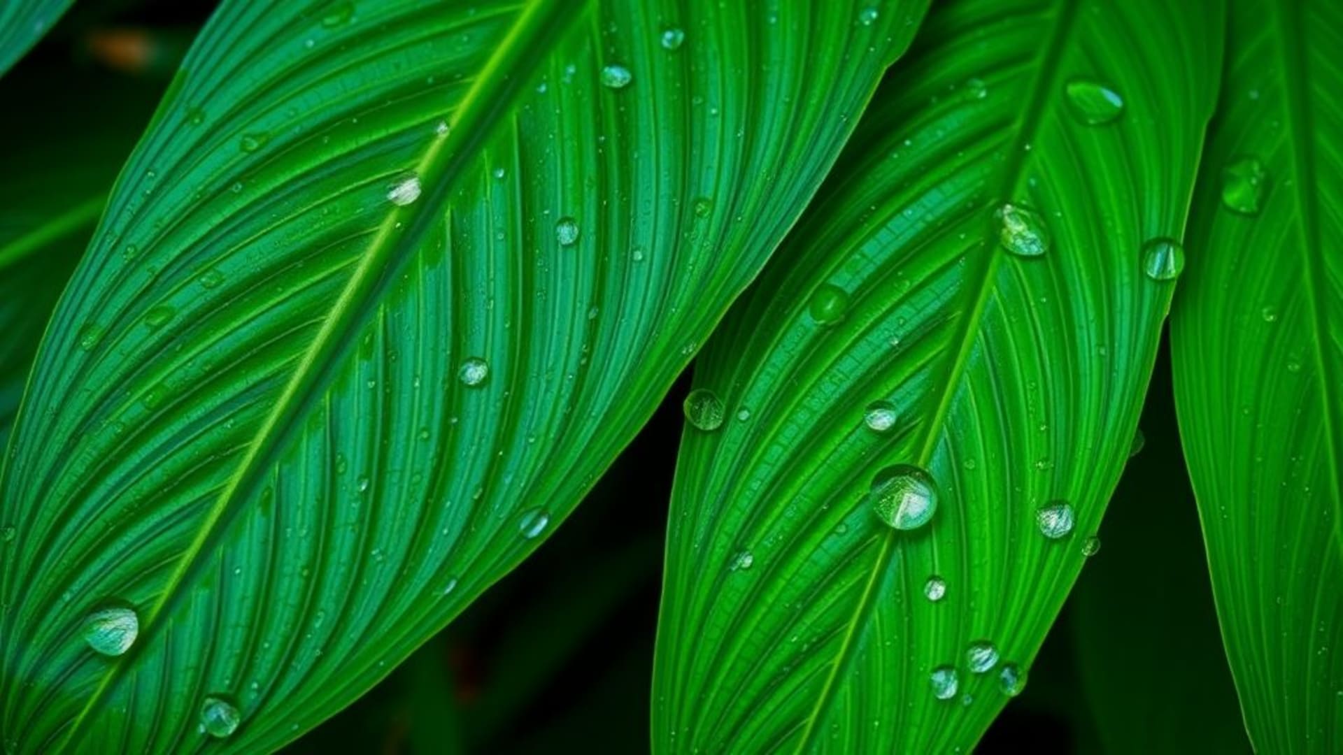 gros plan de feuillage, feuilles de jungle, macro, chlorophylle, rosée, texture, tons verts, motif naturel, canopée de la forêt tropicale, sol de la forêt tropicale, verts vifs, organique, botanique
