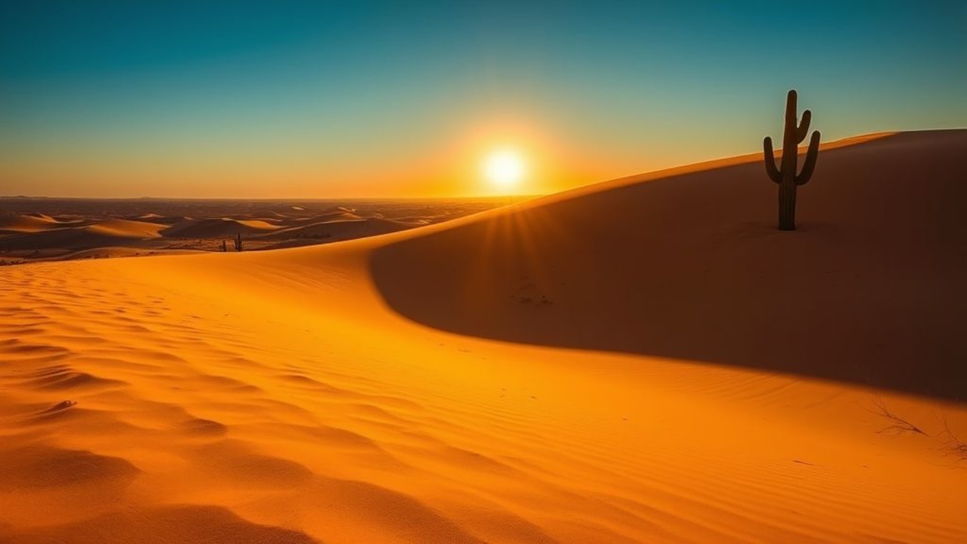 Dune désertique, heure dorée, texture de sable, ombres du vent, horizon, silhouette de cactus, rayon de soleil, mirage de chaleur, nomades, aride, vaste paysage, ciel bleu