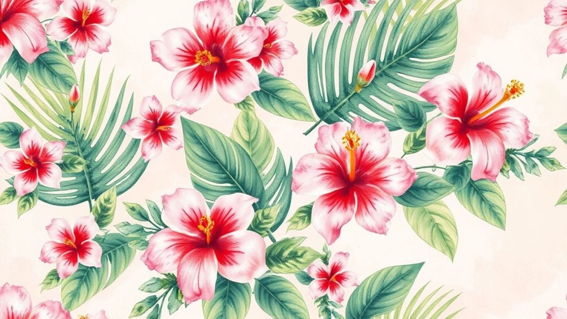 fond ecran à motif floral, fleurs tropicales, hibiscus, feuilles de palmier, pétales aquarellés, fond pastel, textures douces, art botanique, ambiance estivale, fond ecran décoratif