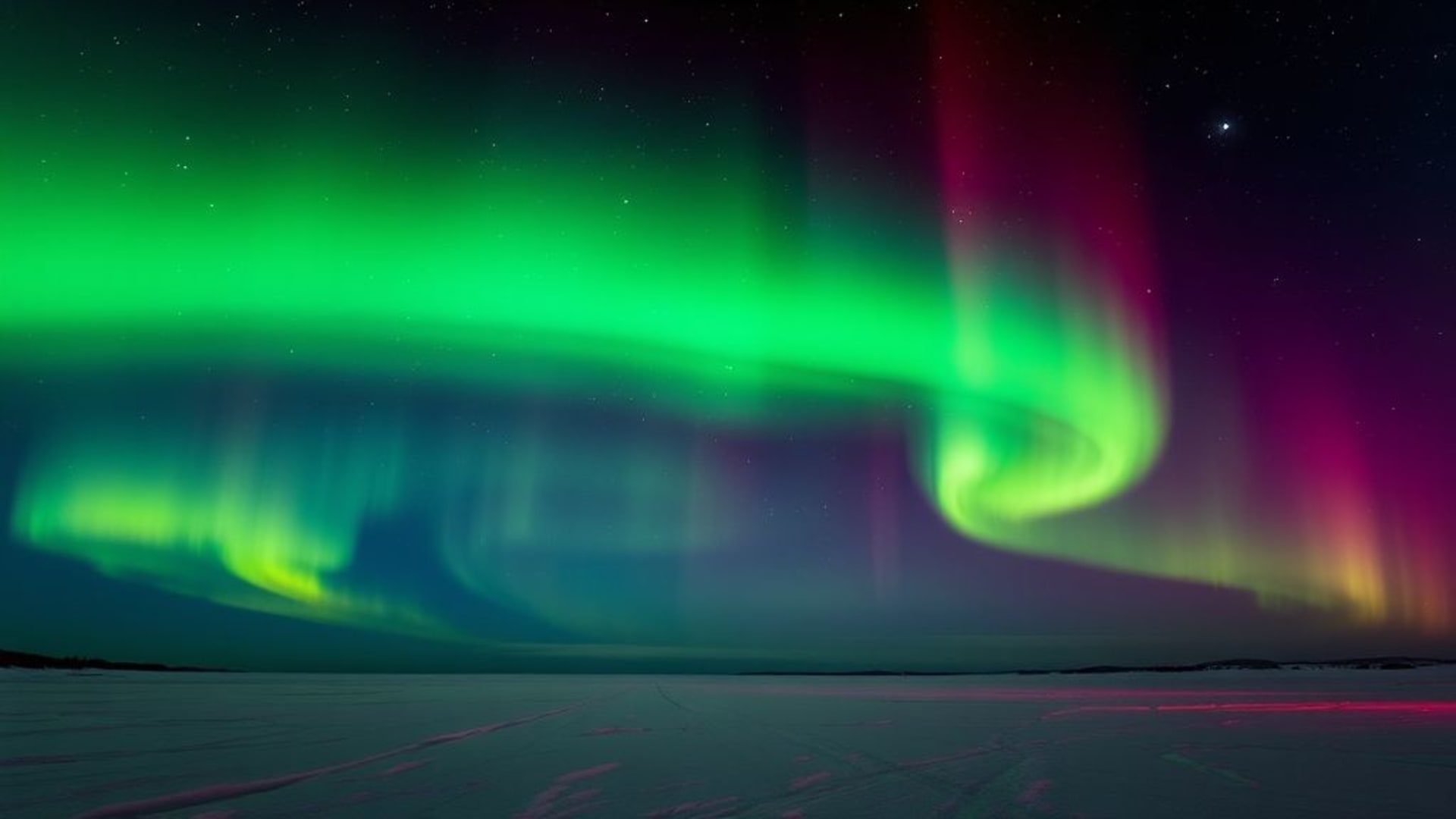 aurore boréale lumières du nord vert rouge violet ciel nocturne traînées d'étoiles paysage glacé tons froids nuit magique pays des merveilles d'hiver paisible