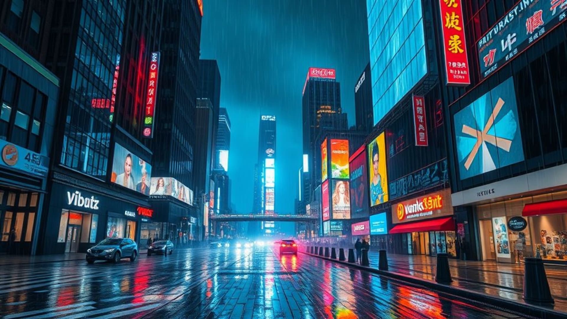 Paysage urbain cyberpunk, néons pluvieux, reflets, éclat de minuit, chrome, brume, gratte-ciel, pavé humide, affiches holographiques, bleu mélancolique, pluie électrique