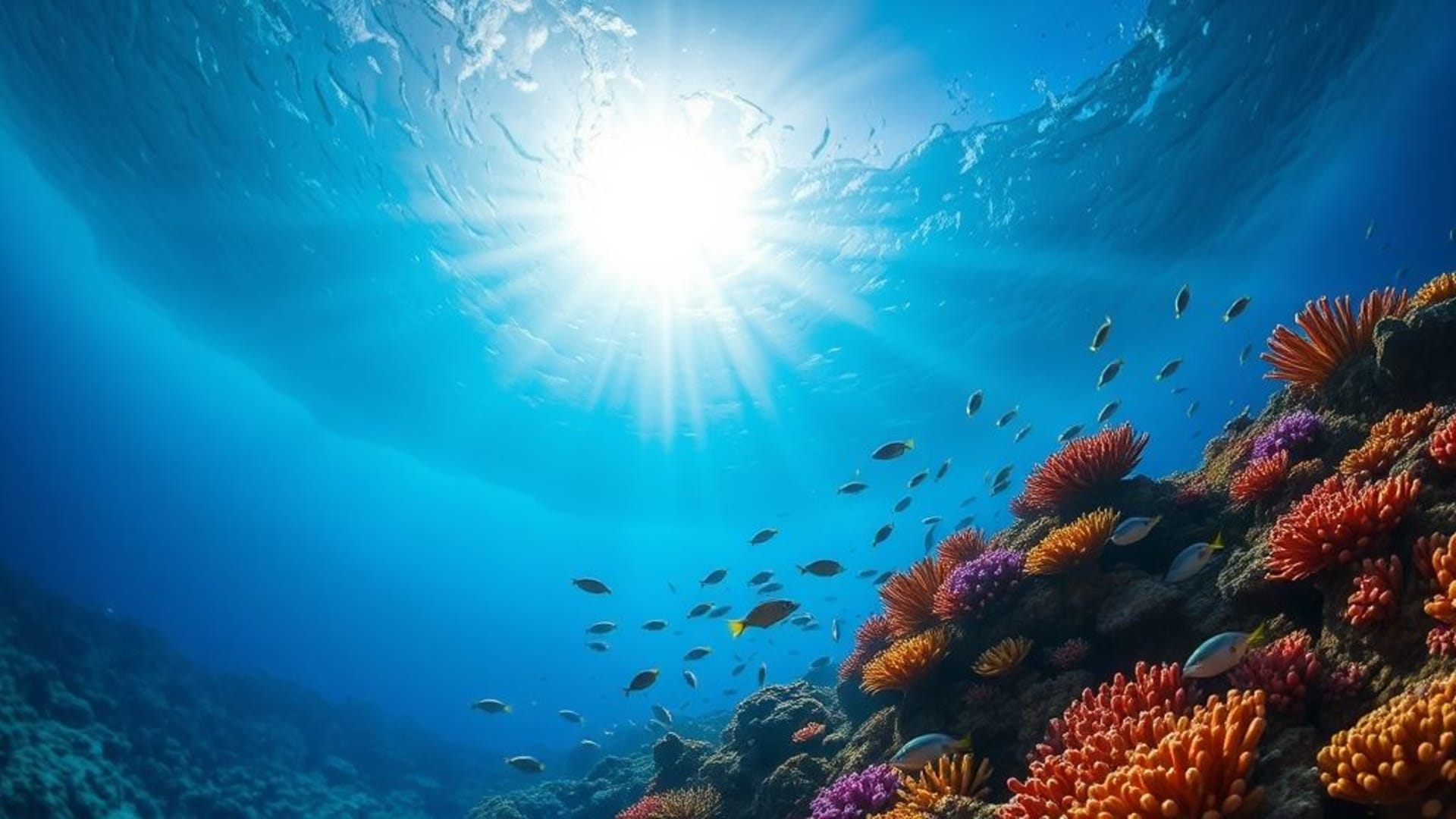 récif sous-marin, poissons tropicaux, corail, eaux bleues, rayons de soleil, aurore de lumière, scène sous-marine, bleus océanique, vie marine, forêt de varech