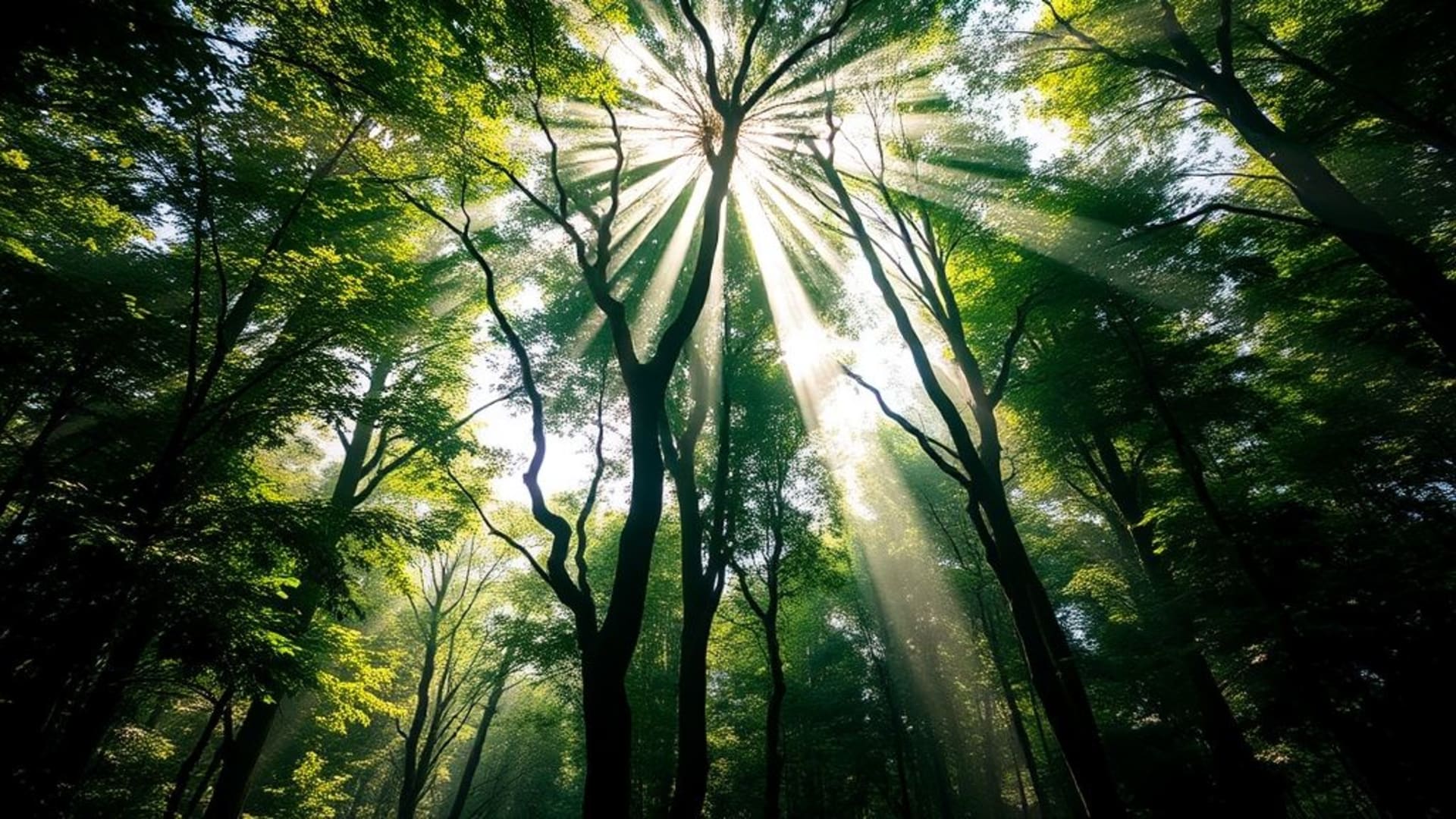 Lumière de la canopée forestière, rayons du soleil à travers les feuilles, lumière tachetée, verts chauds, lumière de la nature, canopée tropicale, sol de la forêt, sol forestier
