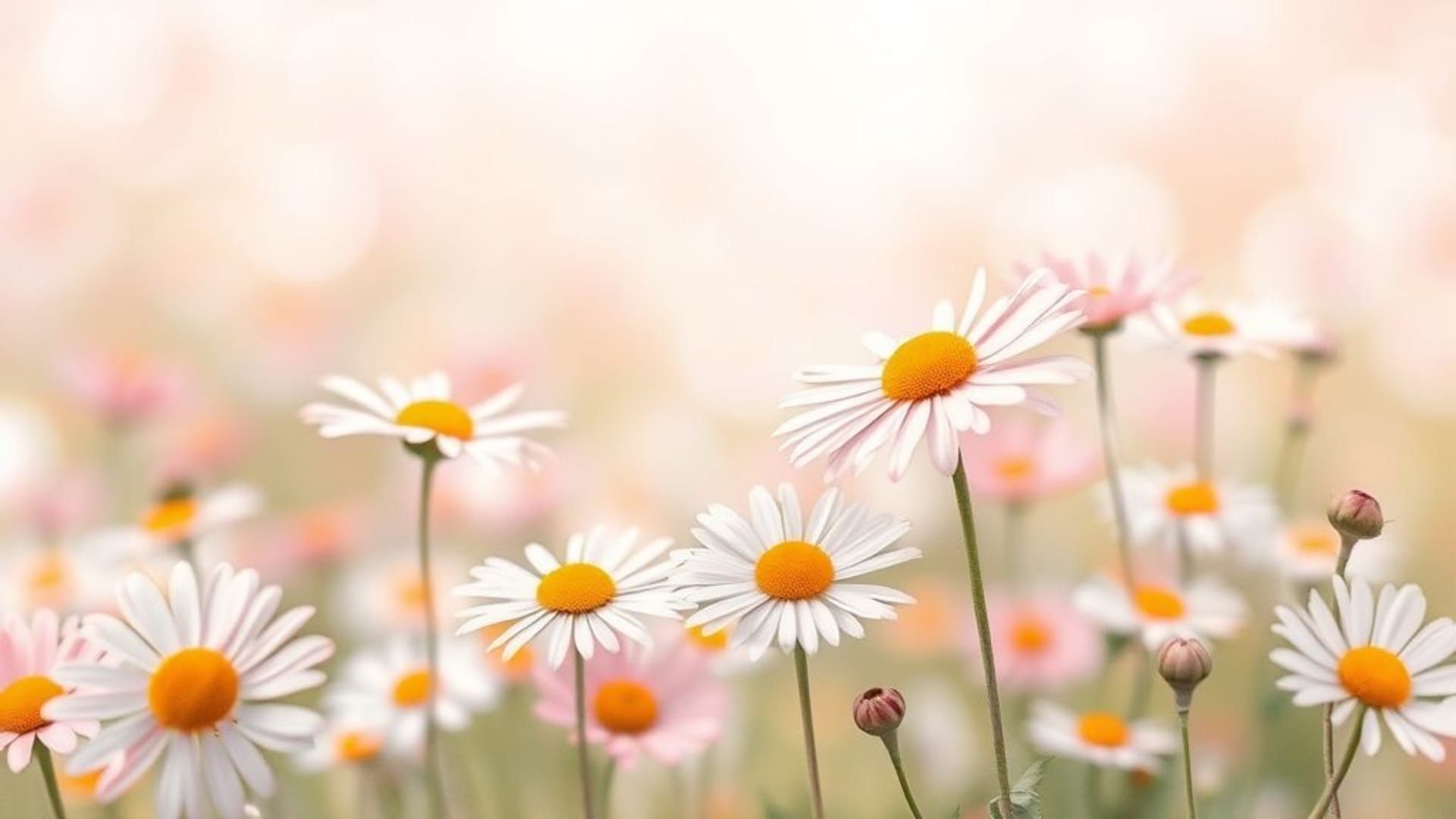 fleurs aquarelle, champ de marguerites, peinture pastel, flou doux, texture picturale, ambiance printanière, fond aérien, illustration botanique, lavis léger