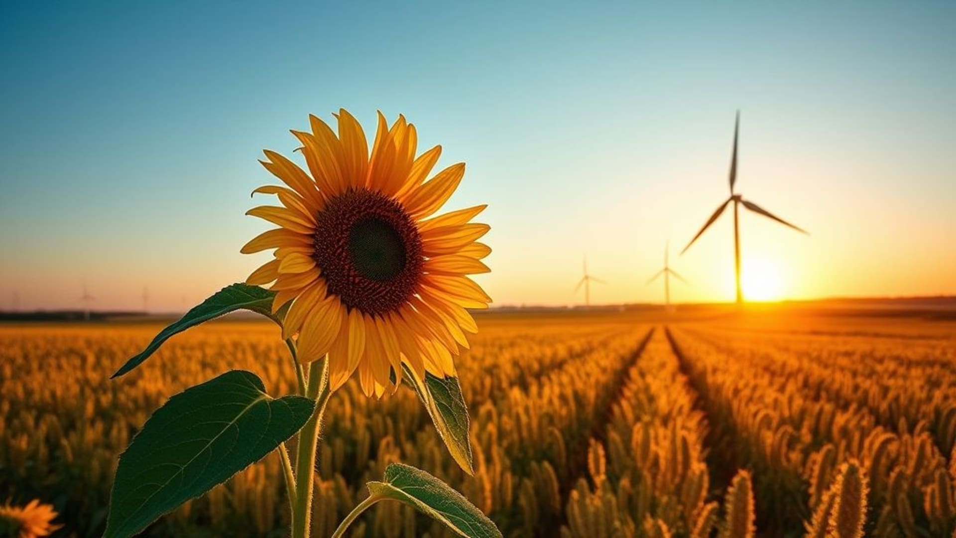 Champ de moulins à vent, tournesols, paysage rural, heure dorée, ciel bleu, campagne agricole, éoliennes, paisible, été, photographie de la nature