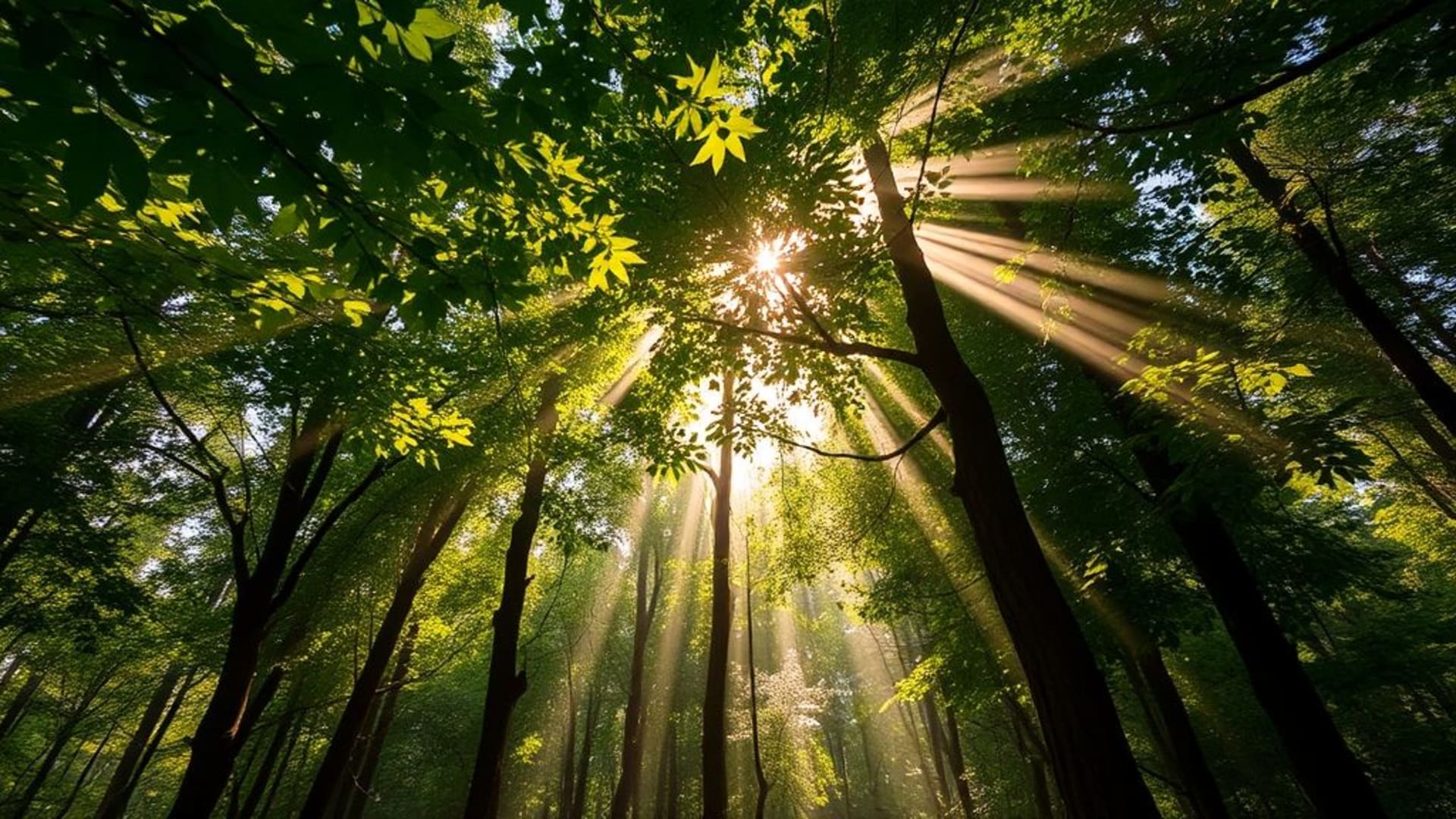 luminosité de la canopée forestière, rayons de soleil à travers les feuilles, lumière tachetée, verts chauds, lumière de la nature, canopée tropicale, sol forestier, sol de la forêt