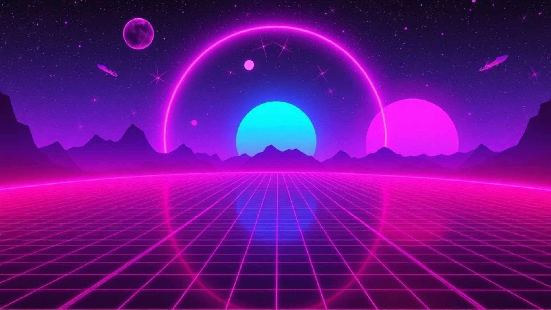 néon galactique vaporwave, cyberspace rétro, synthwave, horizon en grille, éclat de néon, violets et roses, coucher de soleil cybernétique, rétro futuriste