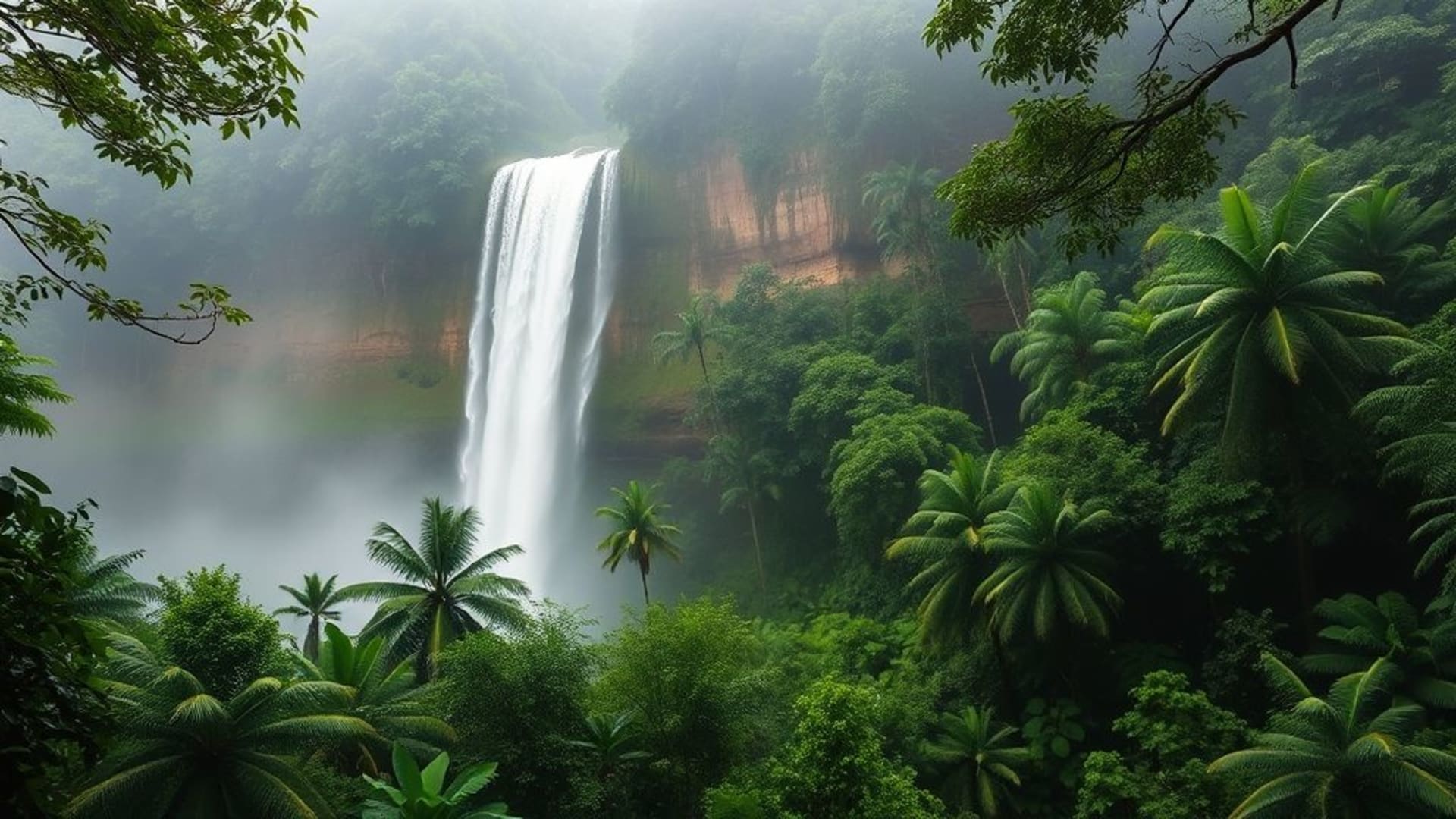 cascade de la forêt tropicale, brume mystérieuse, humidité tropicale, vert luxuriant, eau qui tombe en cascade, sons de la jungle, fond ecran naturel