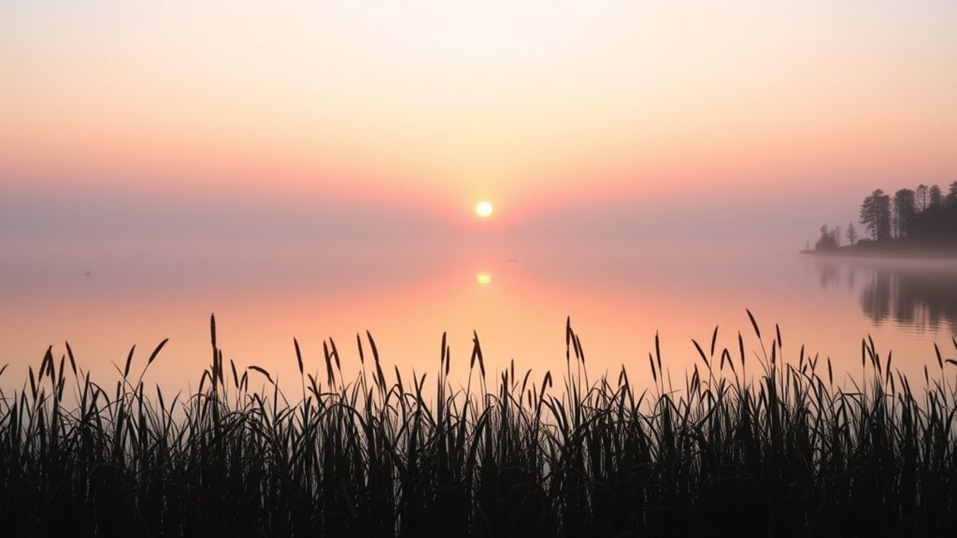 lever du soleil sur le lac, réflexion, eau paisible, ciel pastel, calme du matin, roseaux, bateaux, arbres en silhouette, brouillard