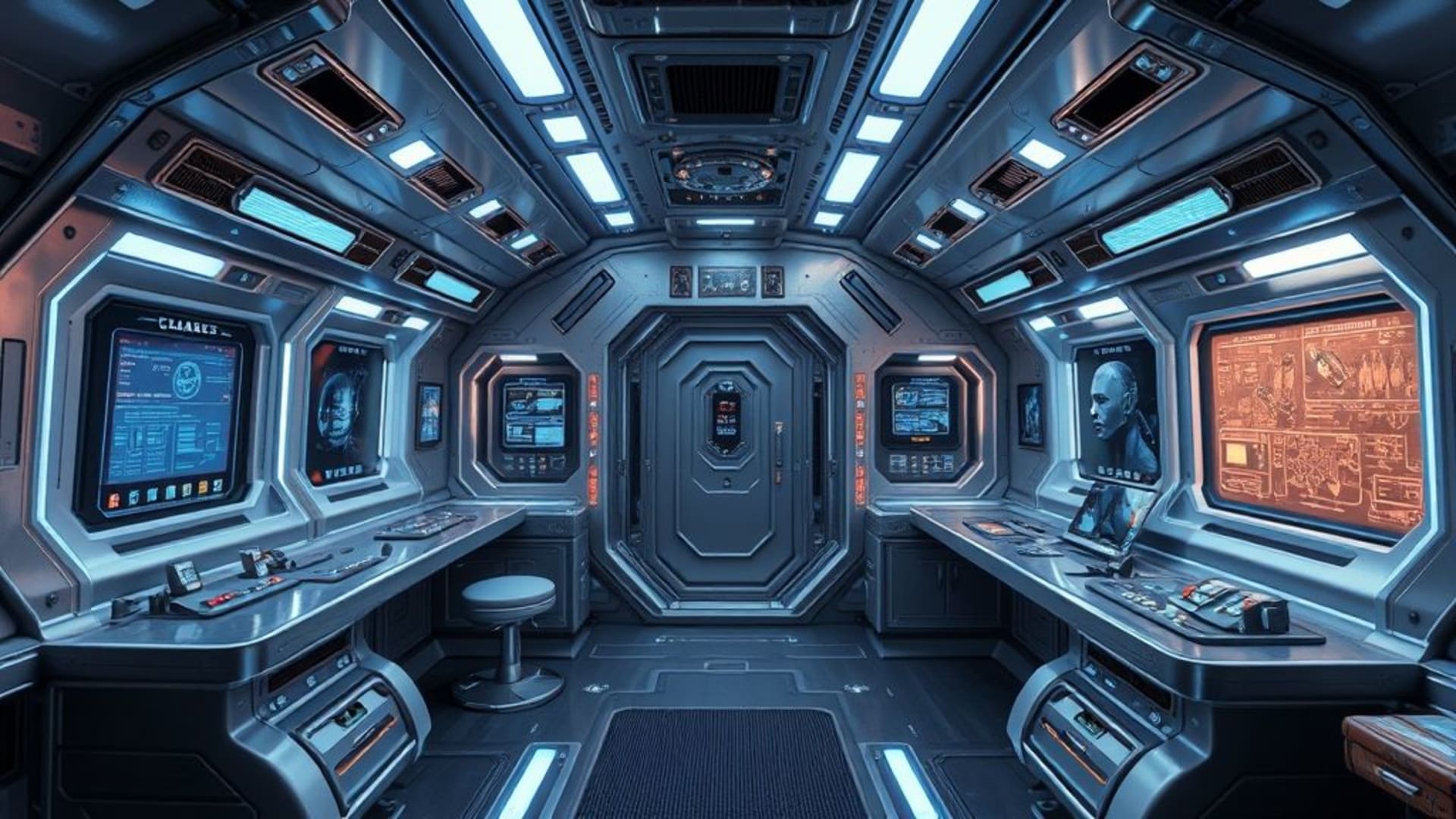 Intérieur d'une station spatiale, cabine futuriste, surfaces métalliques, panneaux de contrôle, lueur douce, accents en néon bleu