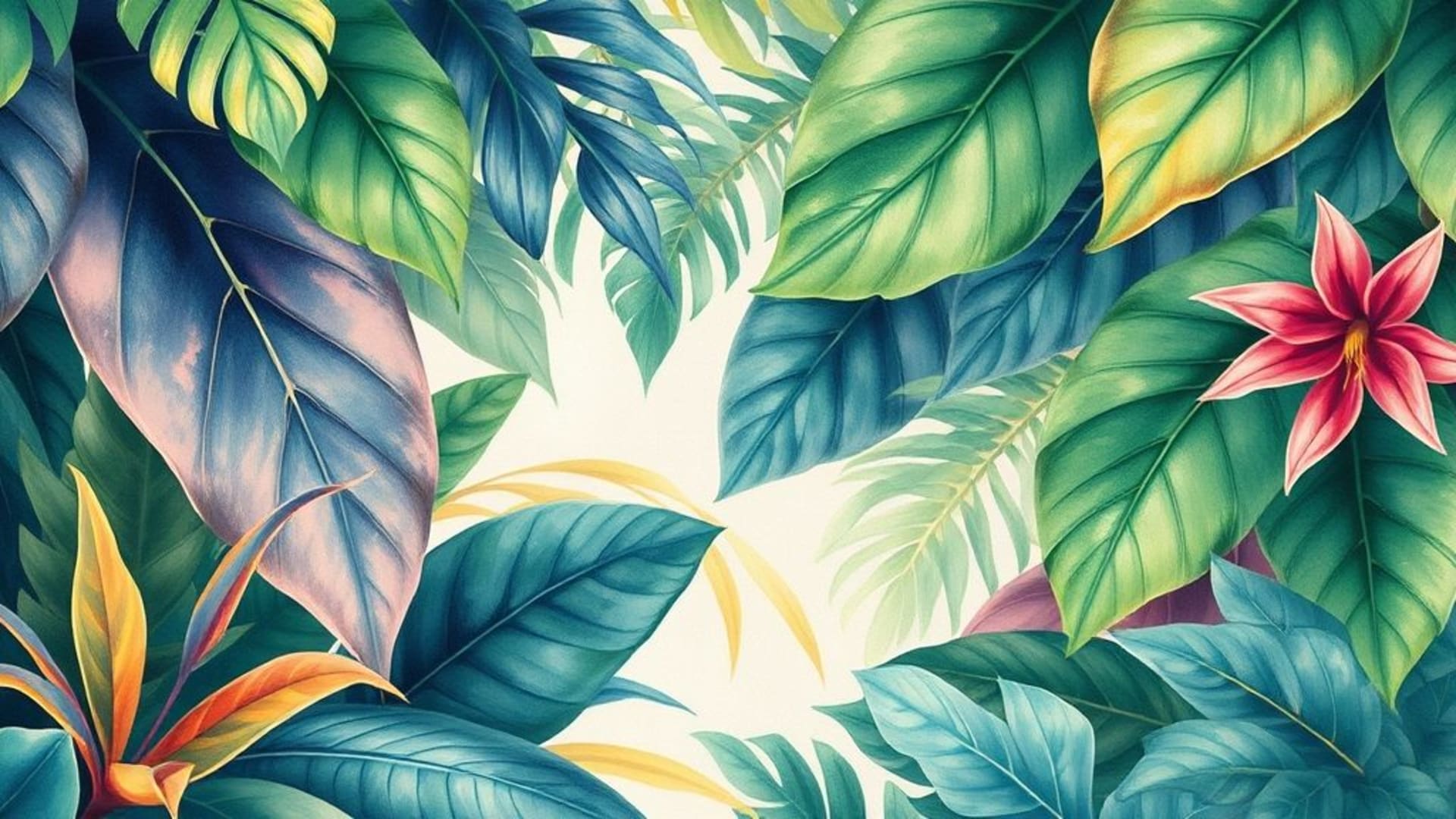 feuilles tropicales abondantes jungle vibrante aquarelle grande plante fond ecran nature calme