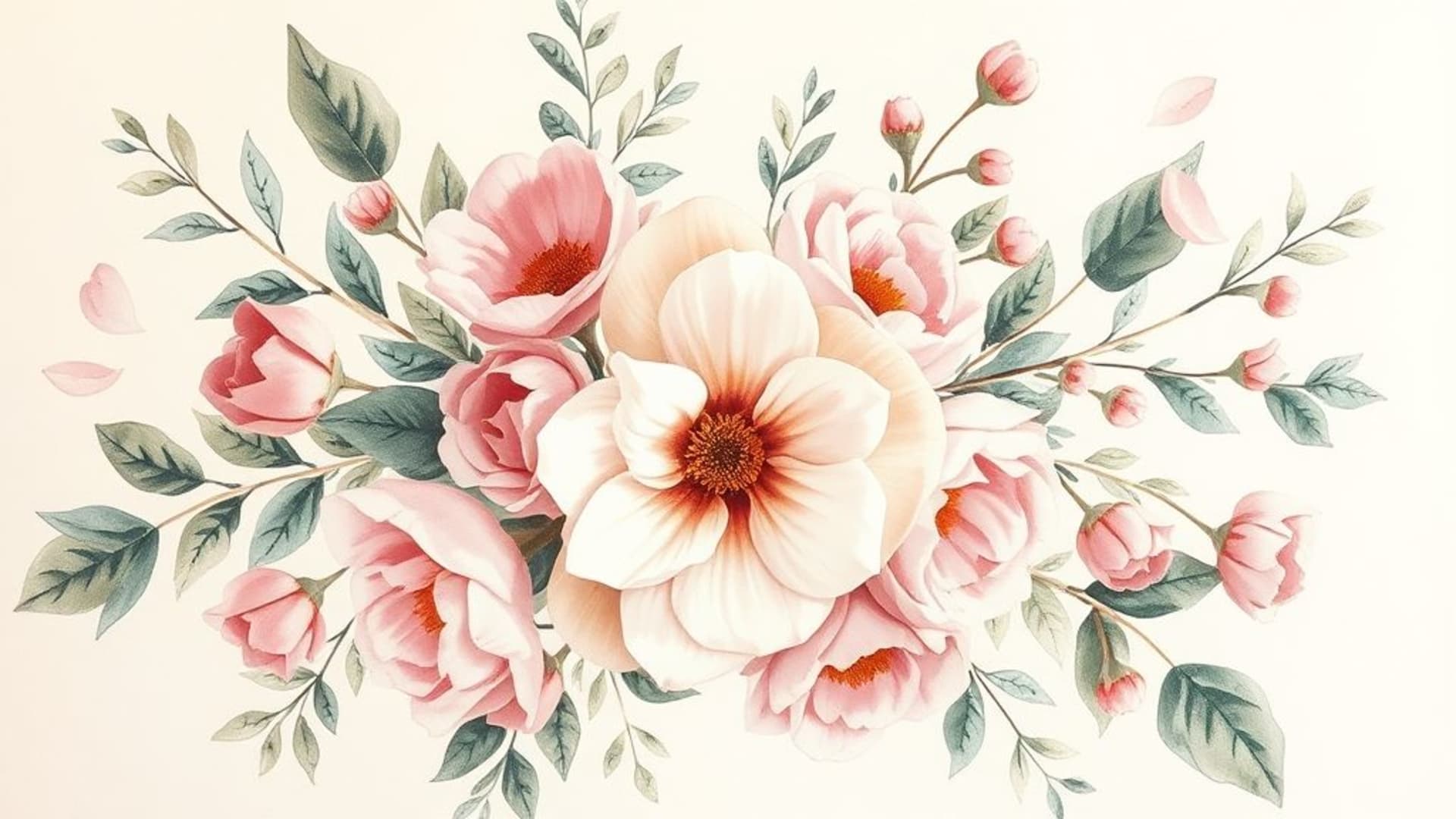 Bouquet de fleurs à l'aquarelle, fond ecran vintage, rose pâle crème, feuilles, pétales