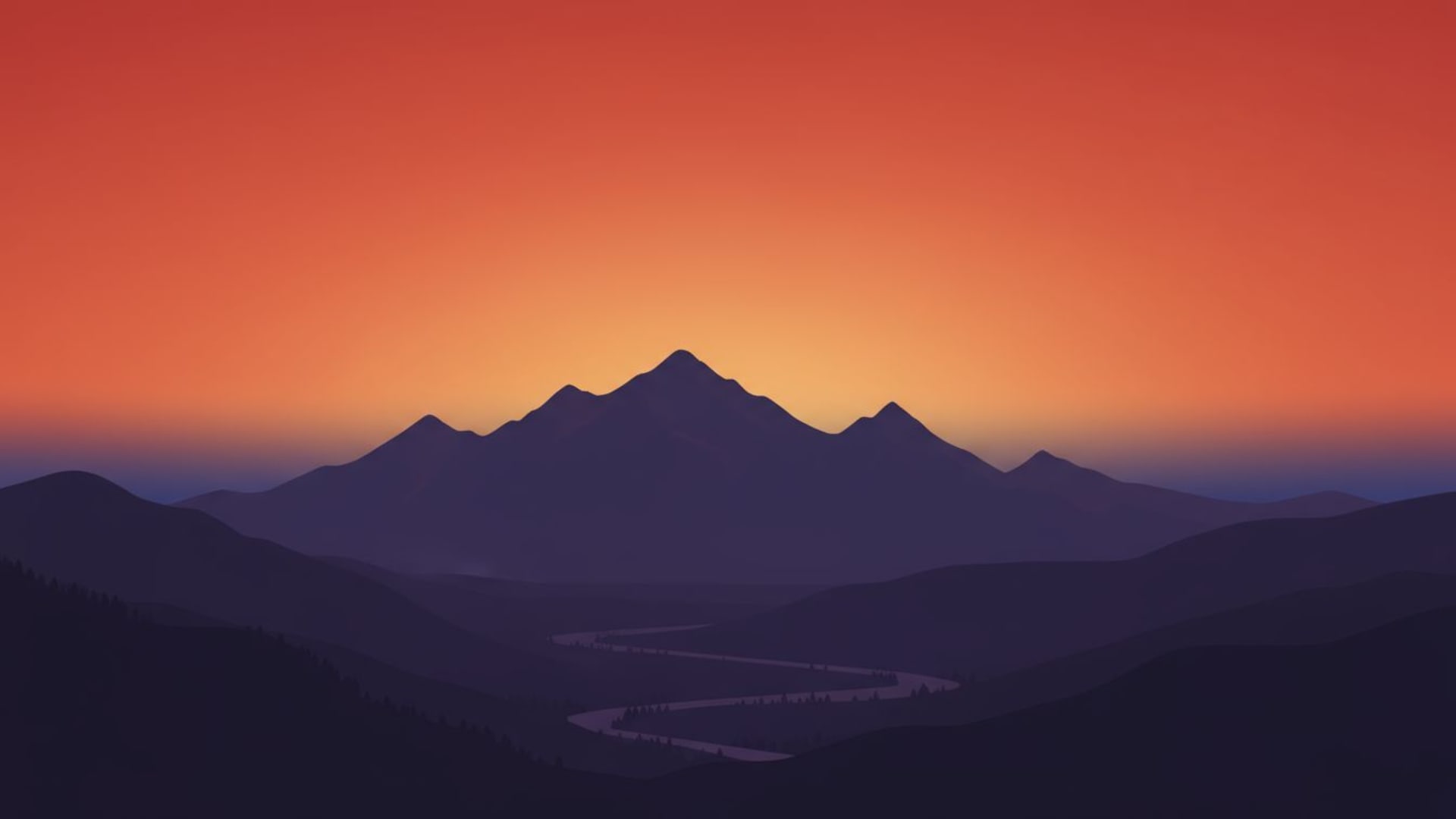 paysage duotone silhouette montagnes vallée coucher de soleil dégradé chaud et froid fond ecran