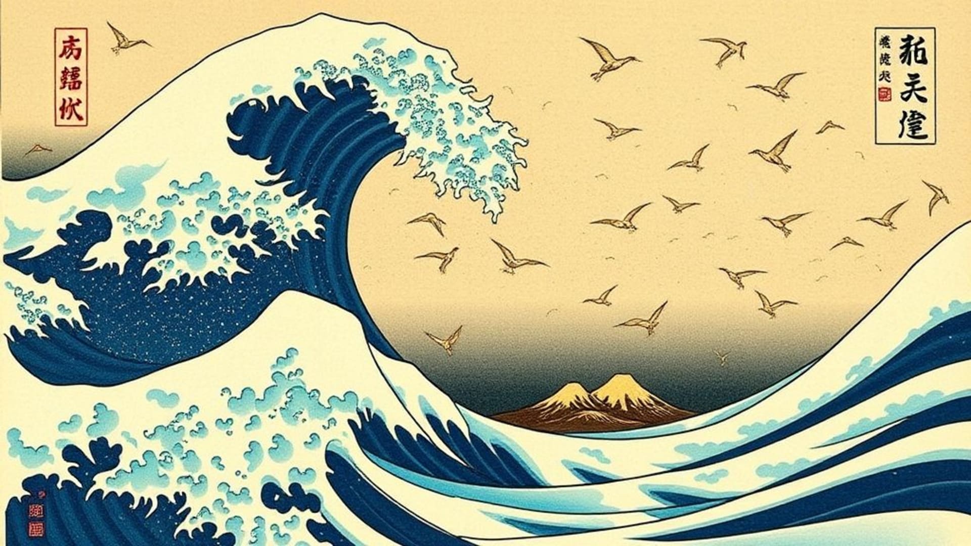 fond ecran d'inspiration ukiyo-e japonais avec vagues de grues œuvre d'art traditionnelle vibrante