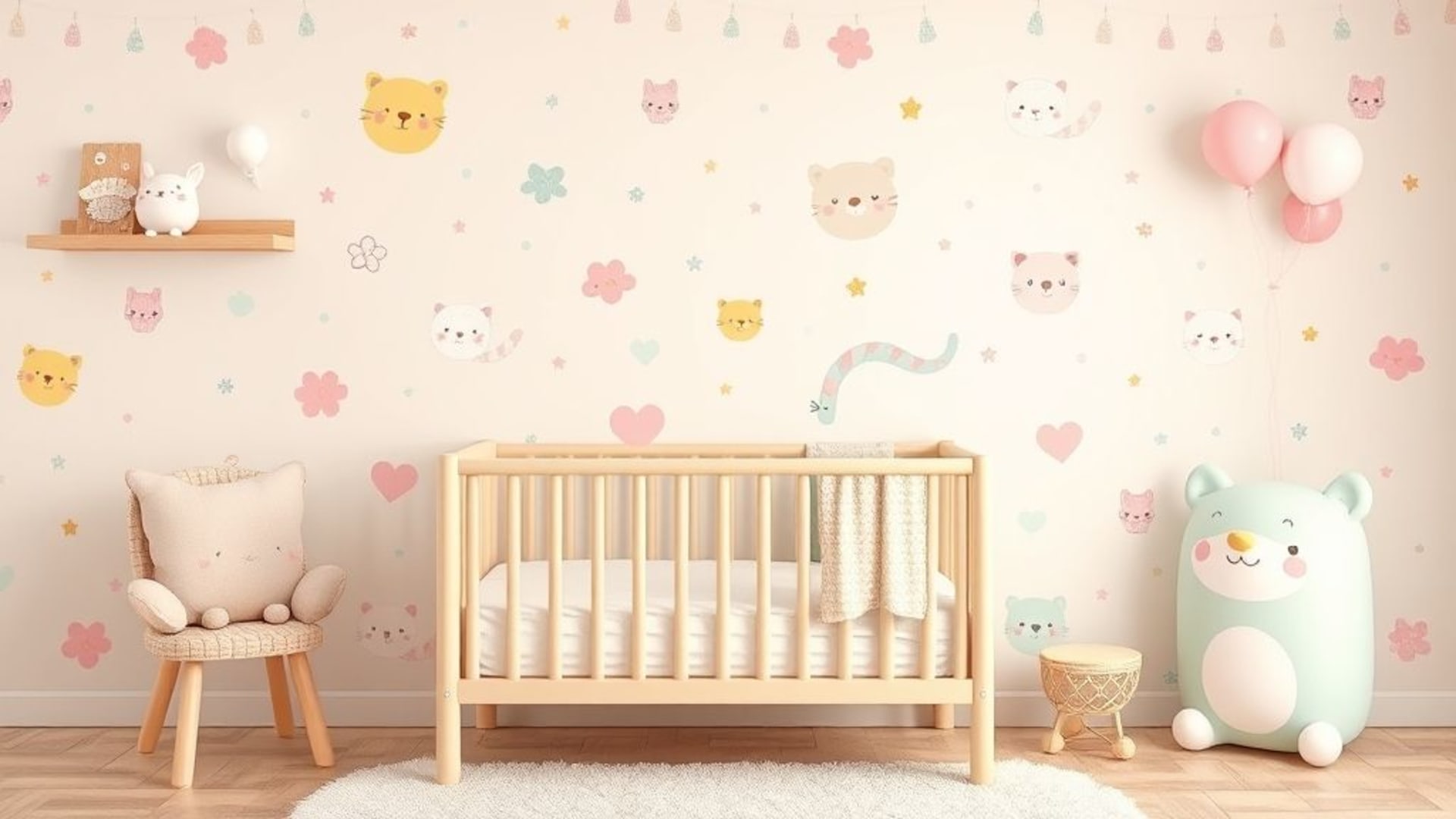 Animaux mignons kawaii pastel, fond ecran fantaisiste, décoration pour chambre d'enfants, thème de nursery