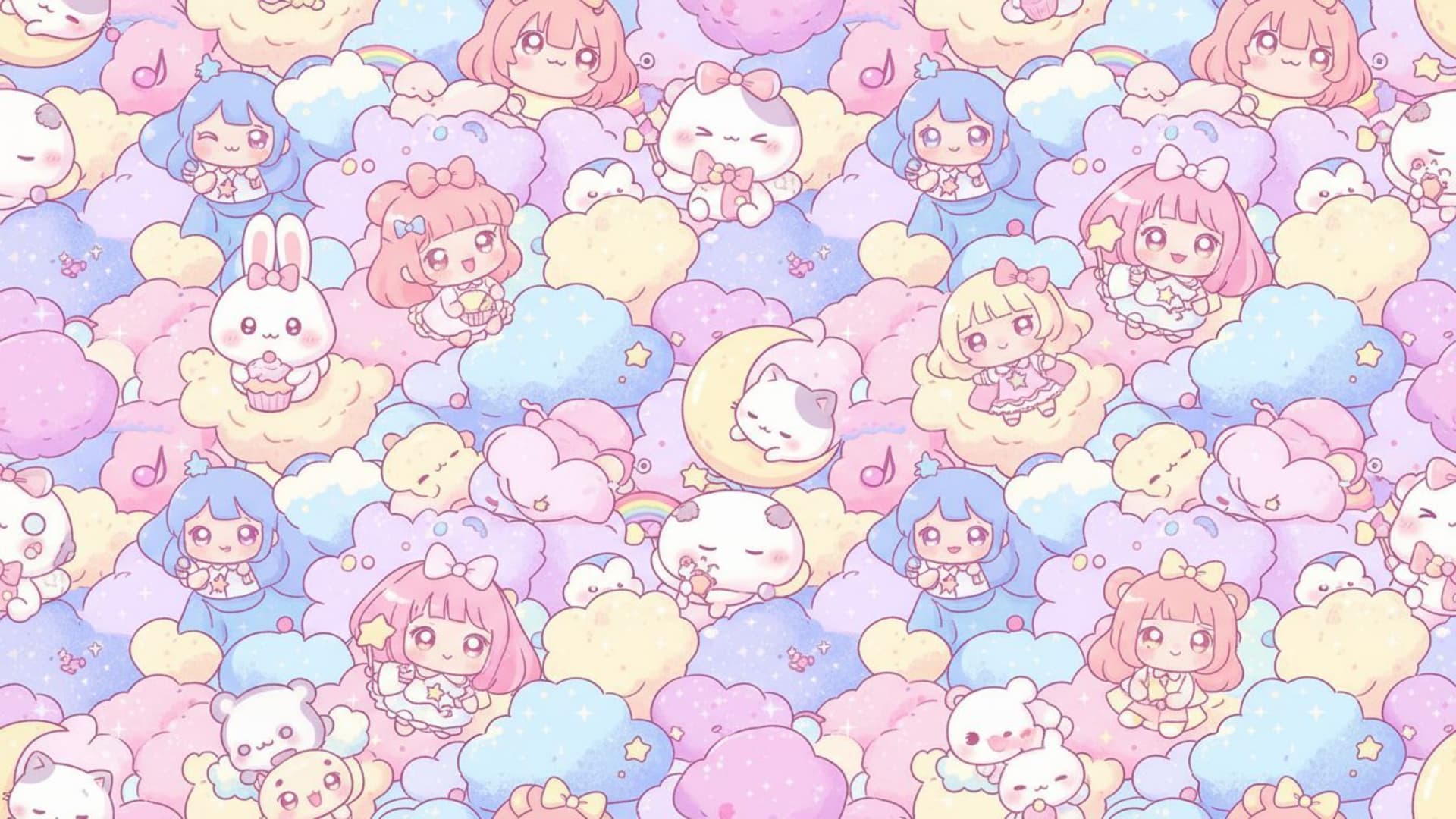 fond d'écran d'animé kawaii avec des personnages chibi mignons pastel rose et bleu et des nuages duveteux