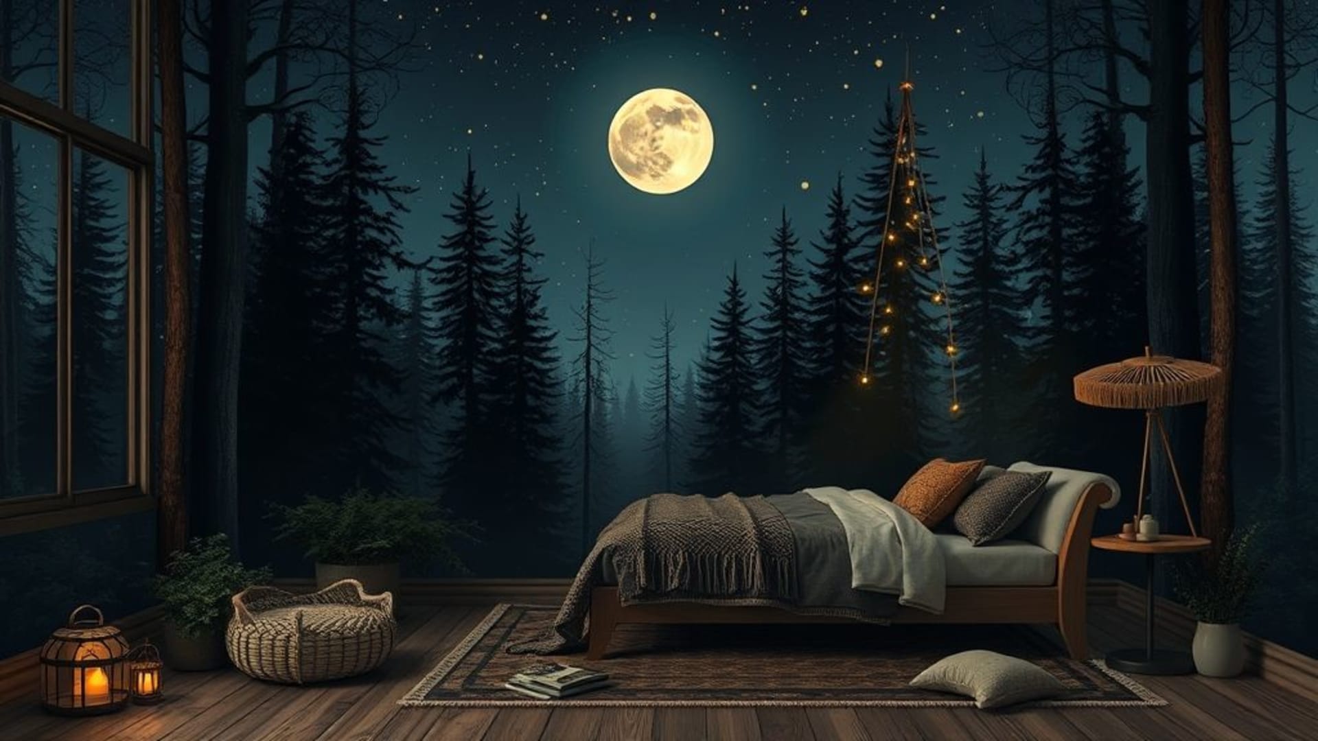 Animaux de la forêt nocturne, forêt éclairée par la lune, fond ecran, ambiance chaleureuse de cabane, décoration