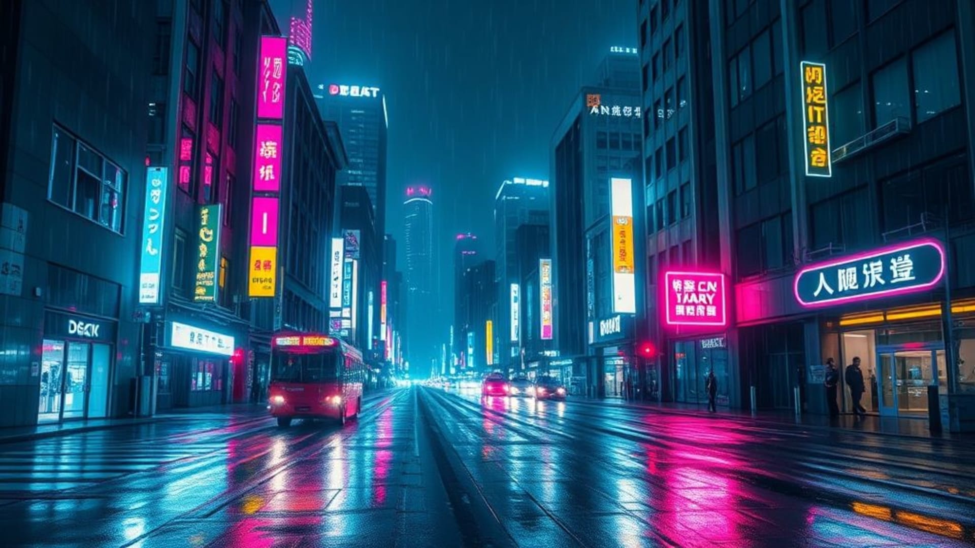 Paysage urbain cyberpunk néon pluie nuit chrome réfléchissant futuriste toile de fond synthwave