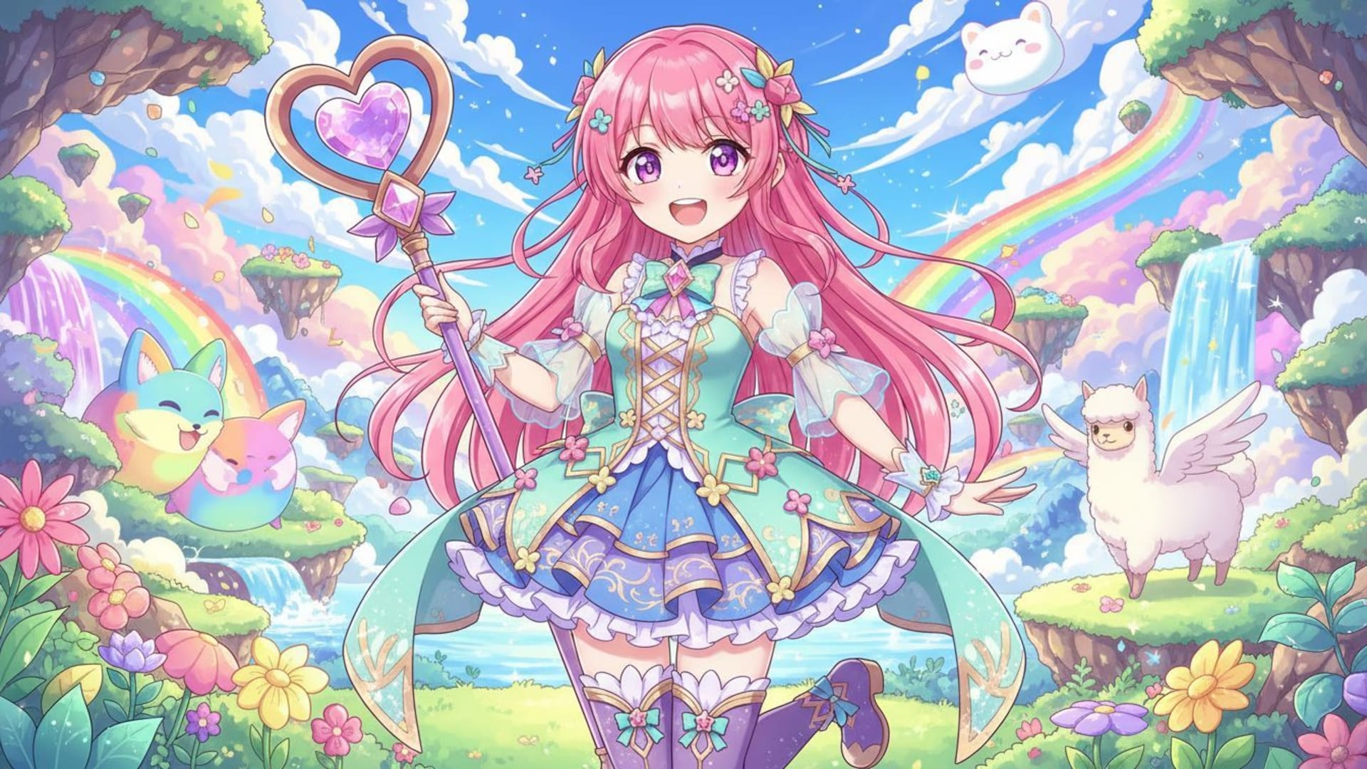 animé, dessin animé, vibrant, portrait de personnage, fond fantastique, coloré, style kawaii, fond d'écran