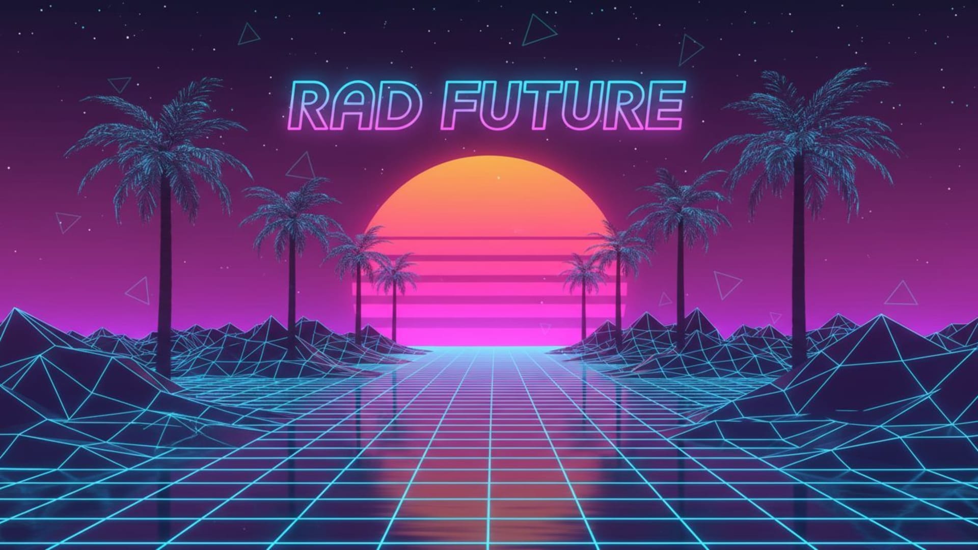 Esthétique néon des années 80 mêlant retrowave et vaporwave avec des palmiers, une grille et un coucher de soleil, fond d'écran.