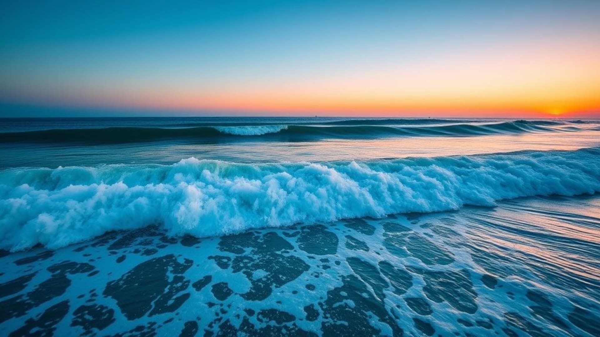 vagues d'océan écume bleu cyan dégradé fond ecran plage tropicale surfeurs coucher de soleil