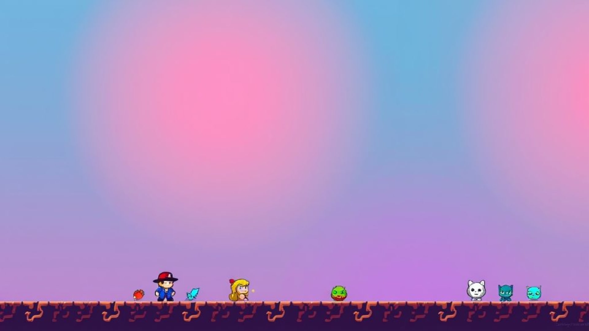 Image de fond de personnages colorés et nostalgiques en dégradé pixel art rétro jeu 8 bits