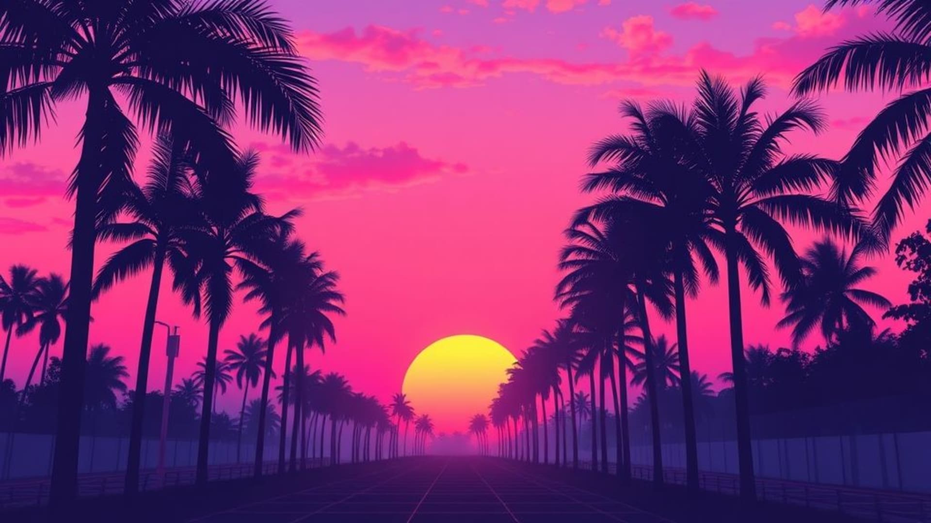 vaporwave rétro pastel grille coucher de soleil palmiers année 80 fond ecran rétro synthwave