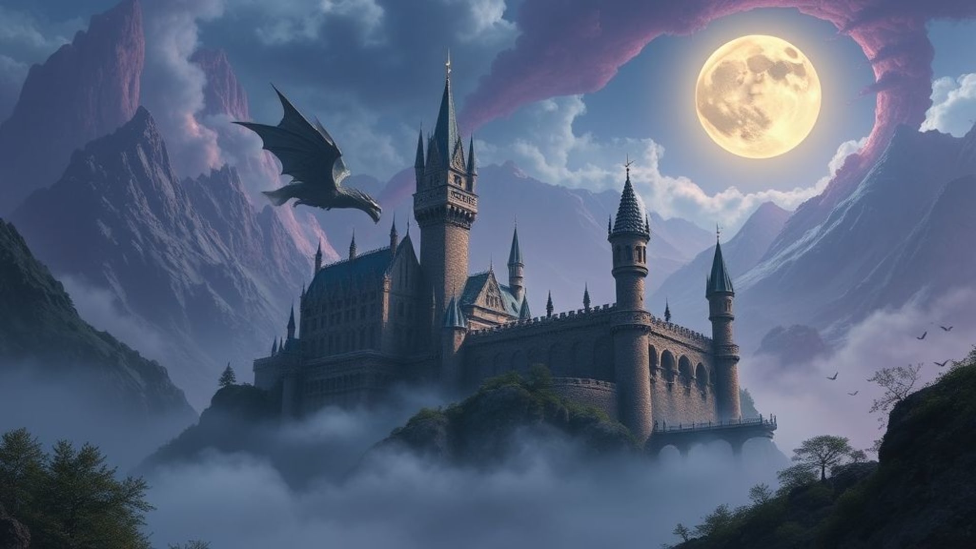 château de dragon fantastique brume magique paysage illuminé par la lune fond d'écran épique art numérique