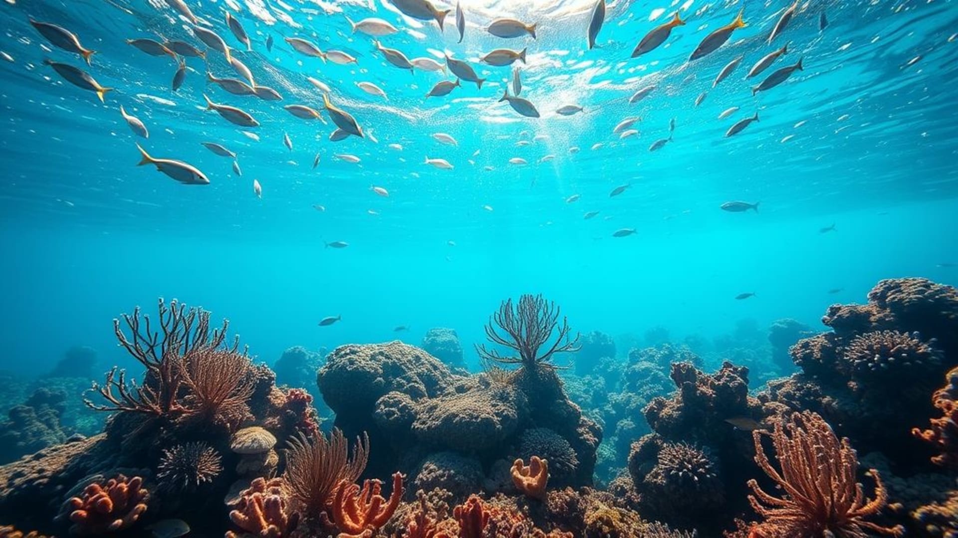 La biodiversité des récifs sous-marins, fond ecran turquoise bleu, tropical, marin, lumière filtrée, colorée