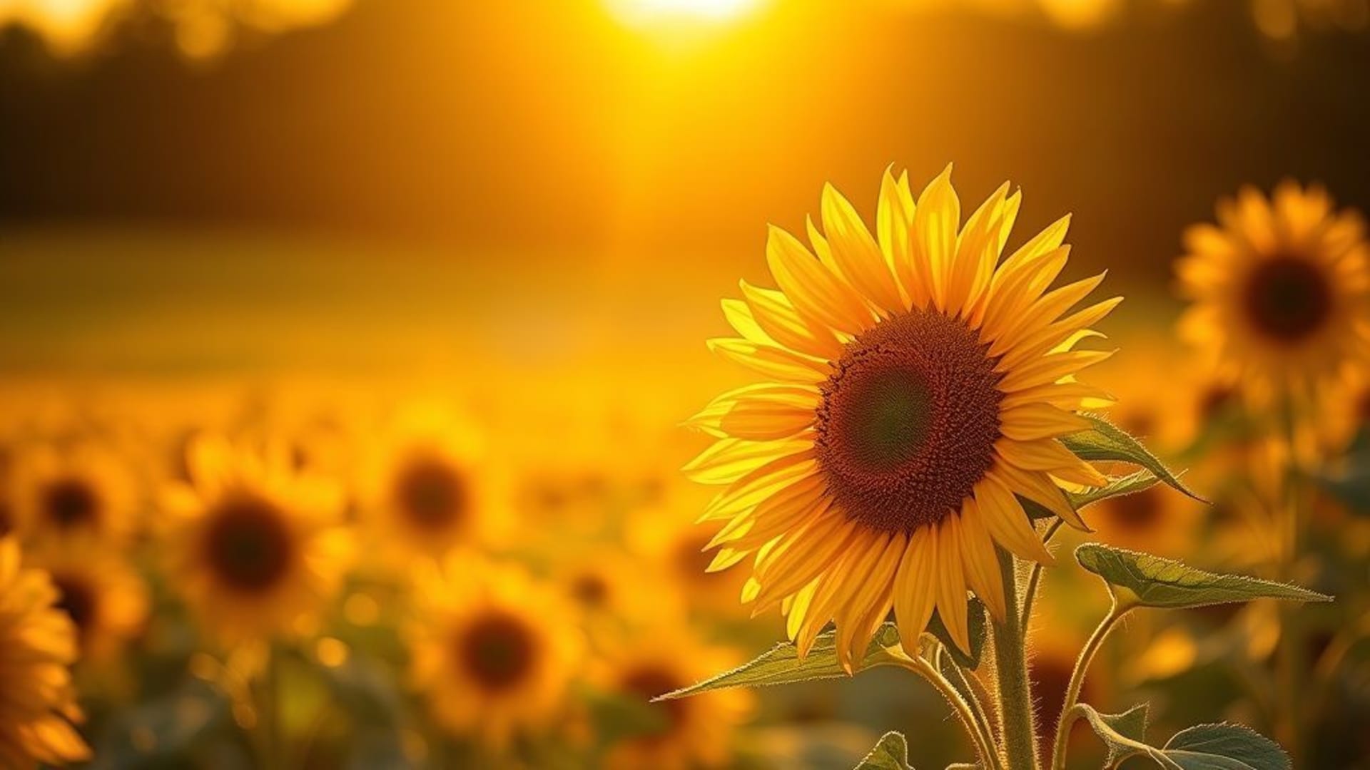 champ de tournesols heure dorée chaud jaune fond ecran nature lumineux joyeux