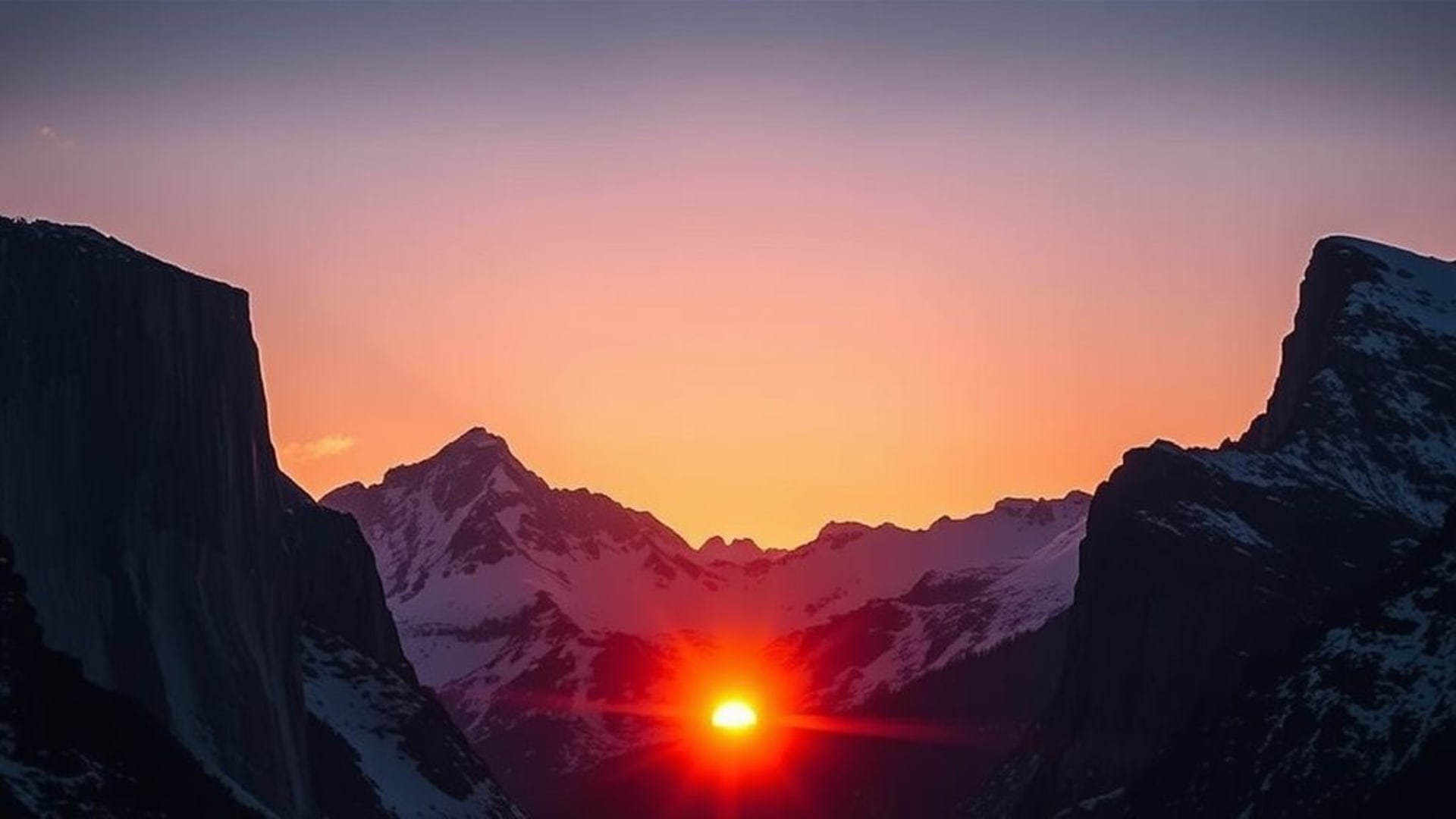 lever de soleil sur la montagne, alpenglow, falaises, sommets enneigés, paysage dramatique, fond ecran à contraste élevé