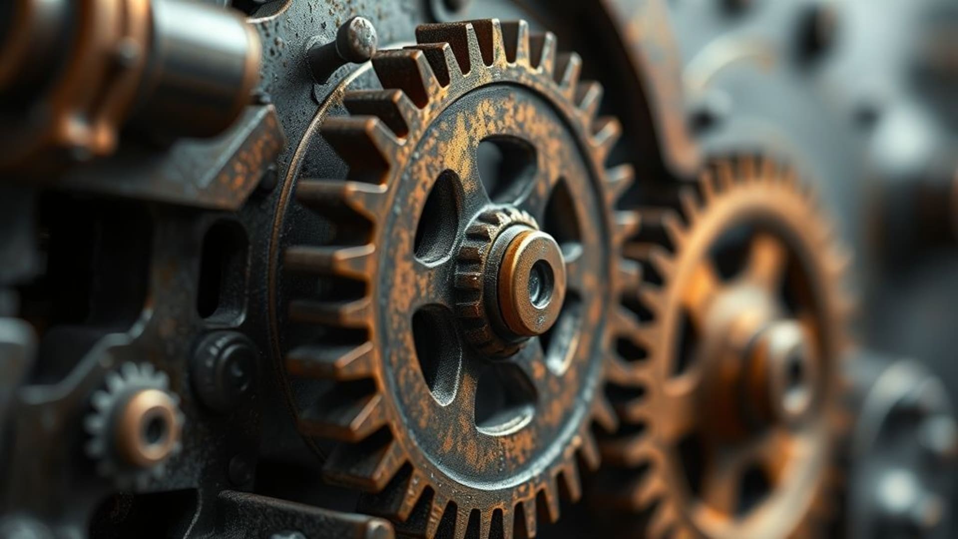 Rouages d machinery industrielle texture métallique en bronze style steampunk fond d'écran macro gros plan