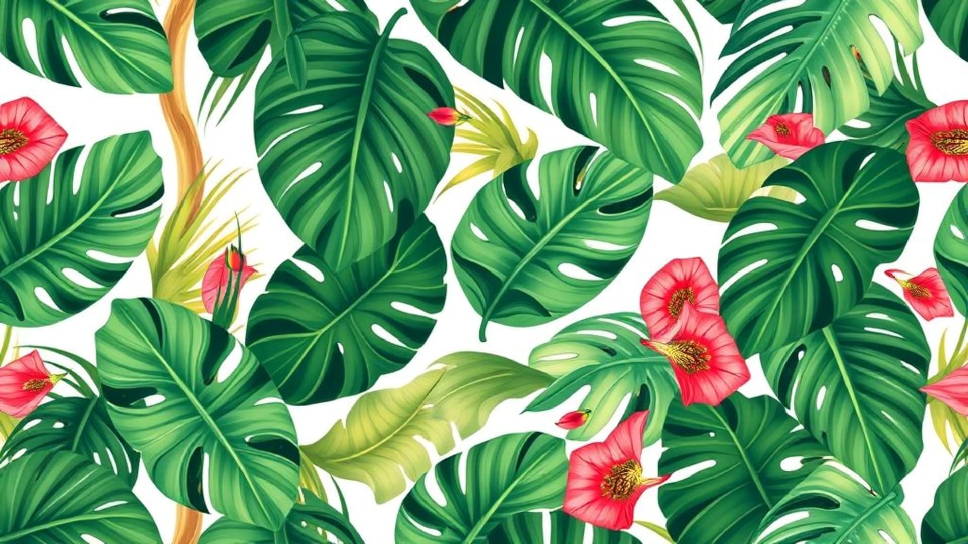 Motif floral tropical de feuilles monstera et palmier, fond ecran sans couture, vecteur vert